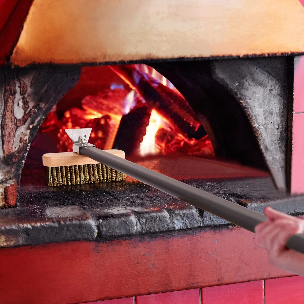 PizzaTurning Peel 25 cm Perforowana peeling do pizzy i pędzel do pizzy, grabie popielate, 4-częściowy zestaw przyborów do piekarnika do pizzy z aluminiowym uchwytem 100 cm