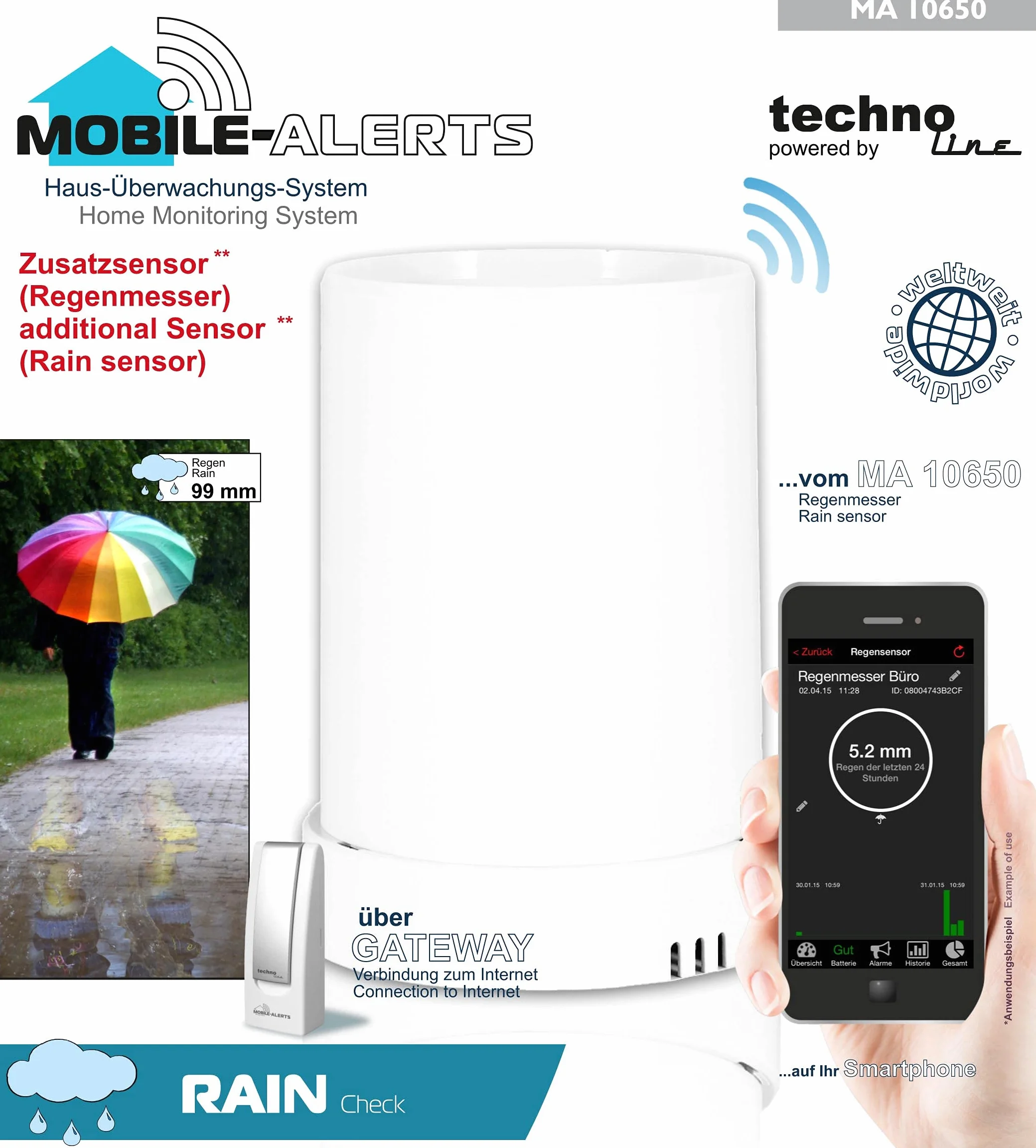 Kompletny zestaw deszczomierza Technoline MA 10040, bramka i radiowy czujnik deszczu z bezpłatną aplikacją na smartfona, biały