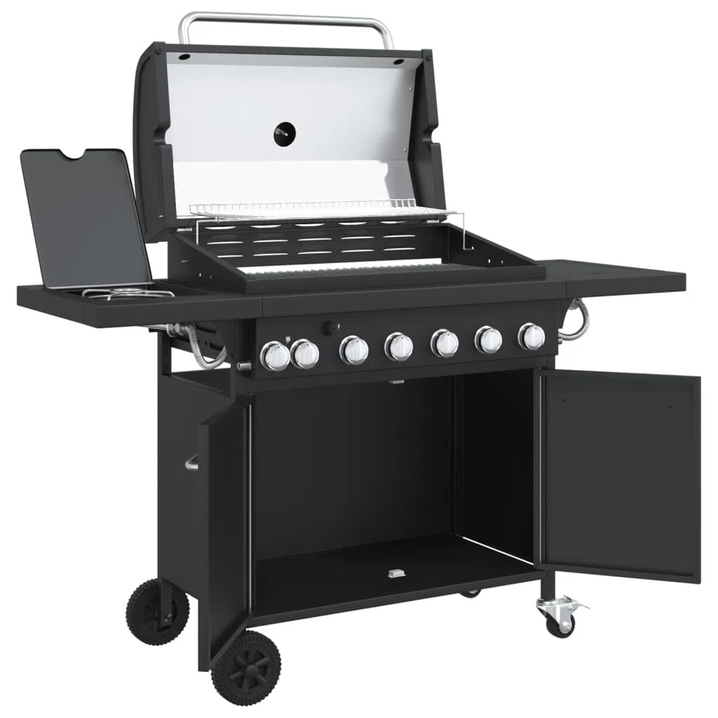 Grill gazowy z 7 płomieniami, stal malowana proszkowo, 18,2 kW z termometrem, zapłon piezoelektryczny, powierzchnia grillowania, 73 x 40 cm, na balkon, do ogrodu, na taras, do smażenia na