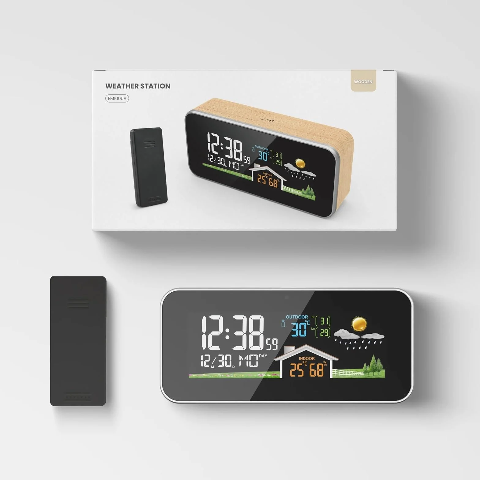 Stacja pogodowa, Bezprzewodowa stacja pogodowa Drewniany budzik Cyfrowy termometr Wilgotność Temperatura Bezprzewodowy czujnik Home TimeWatch Desktop #30(A)