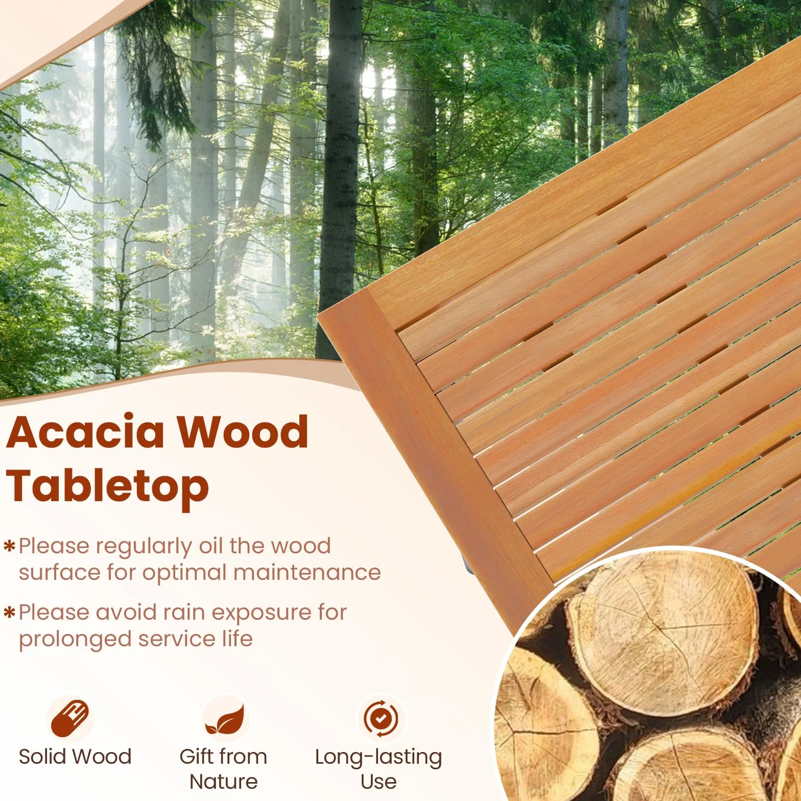 GIANTEX Stół ogrodowy z otworem na parasol Ø 5 cm, prostokątny stół zewnętrzny z drewna akacjowego dla 8 osób, metalowe nóżki, na taras, patio, 200 x 90 x 75 cm