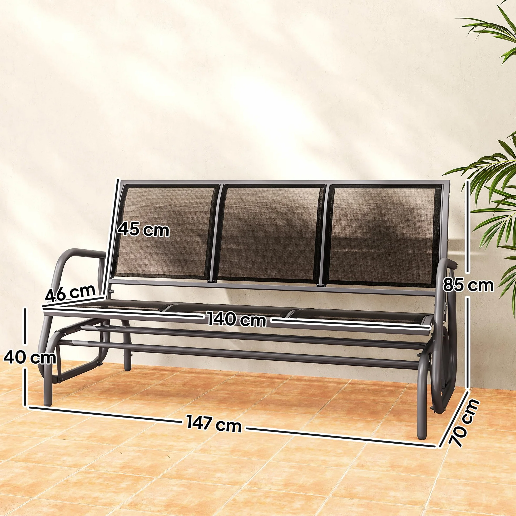 Outsunny ławka bujana 3-osobowa ogrodowa metal czarna 151 x 75 x 85 cm