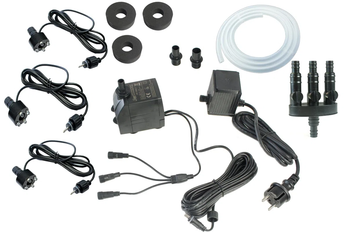 Pompa do fontanny, kompletny zestaw z 3 diodami LED, w zestawie 3-drożny adapter węża, wąż i uszczelki piankowe (1500 l/h, zimna biel)