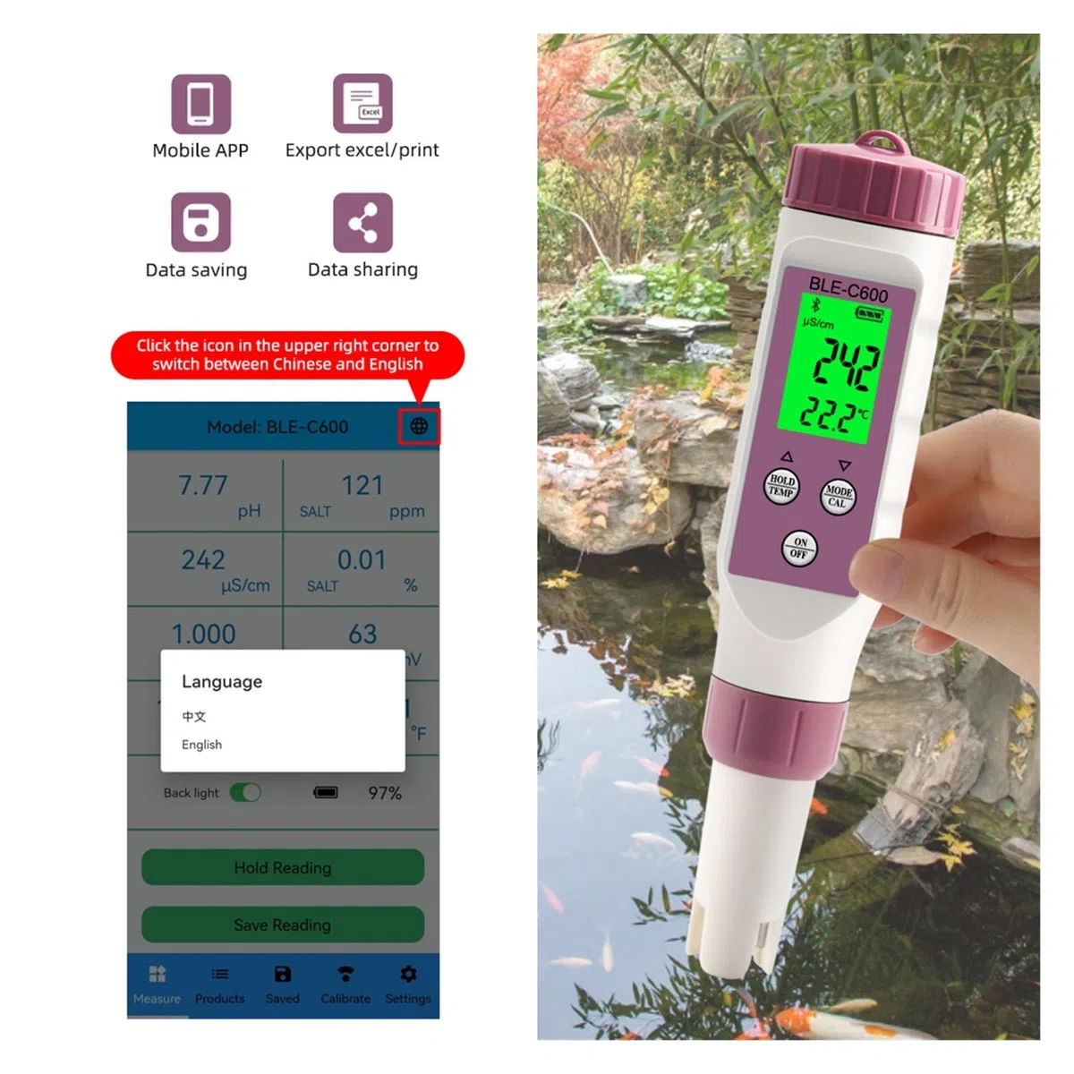 Miernik pH 7 w 1 temperatura ORP EC TDS zasolenie SG miernik PH Online Blue Tooth tester ści wody kontrola aplikacji do akwarium laboratoryjnego picia