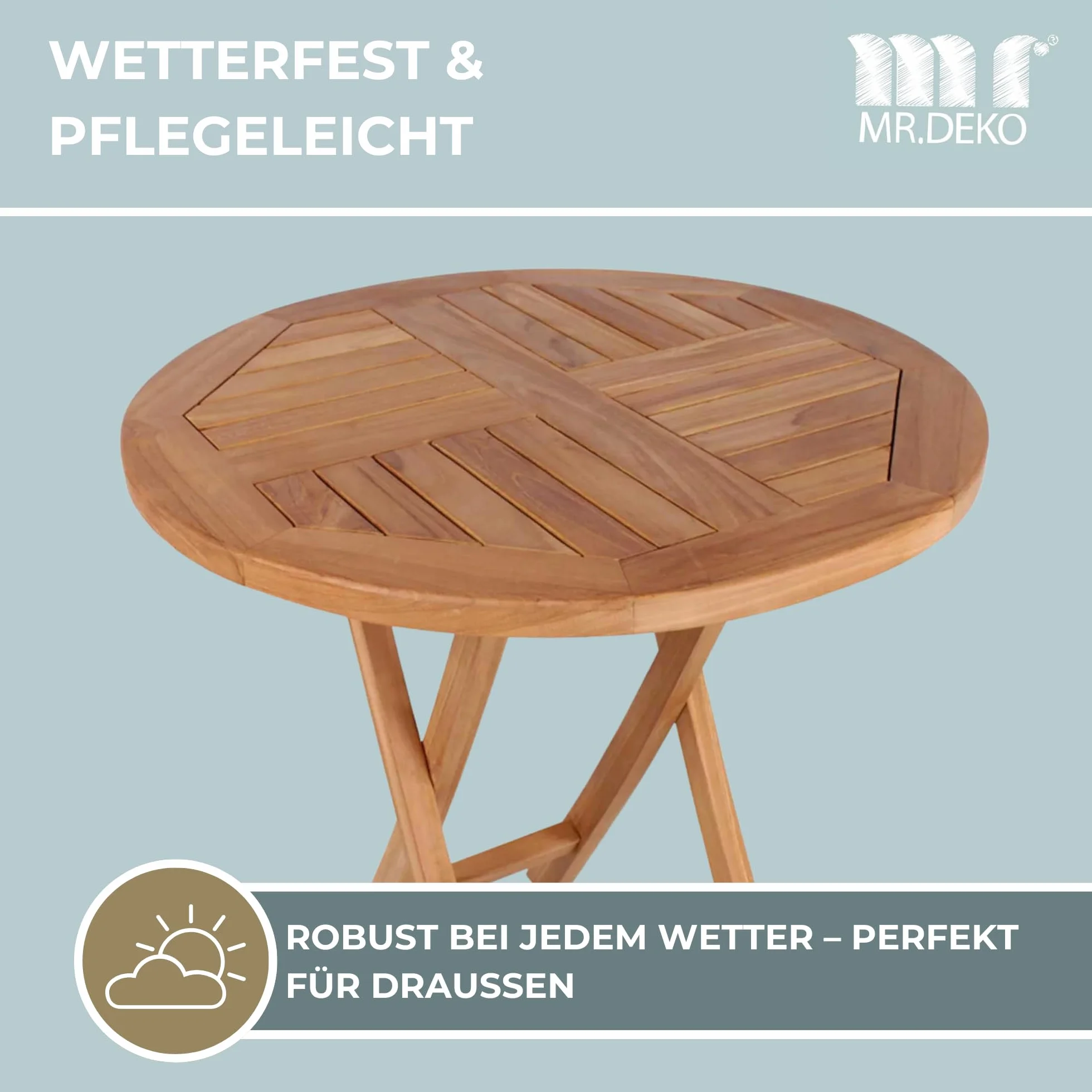MR. DEKO® Sutton stół ogrodowy z drewna tekowego, okrągły, Ø70x75 cm, składany, stabilny, do ogrodu, na taras, balkon, stolik pomocniczy, meble ogrodowe teak, odporny na warunki atmosferyczne