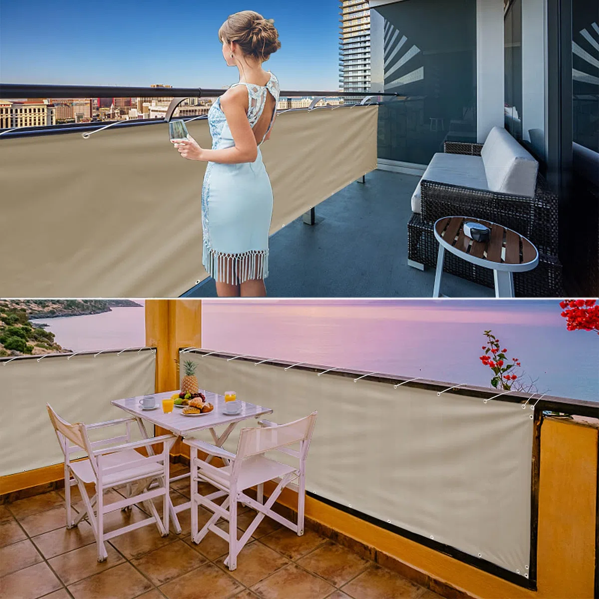 Balkon 100 x 110 cm bluszcz z żywicy UV, osłona ogrodzenia, łatwa w montażu, z opaskami kablowymi i liną, jasnoszara, balkonbespannung do ochrony na zewnątrz