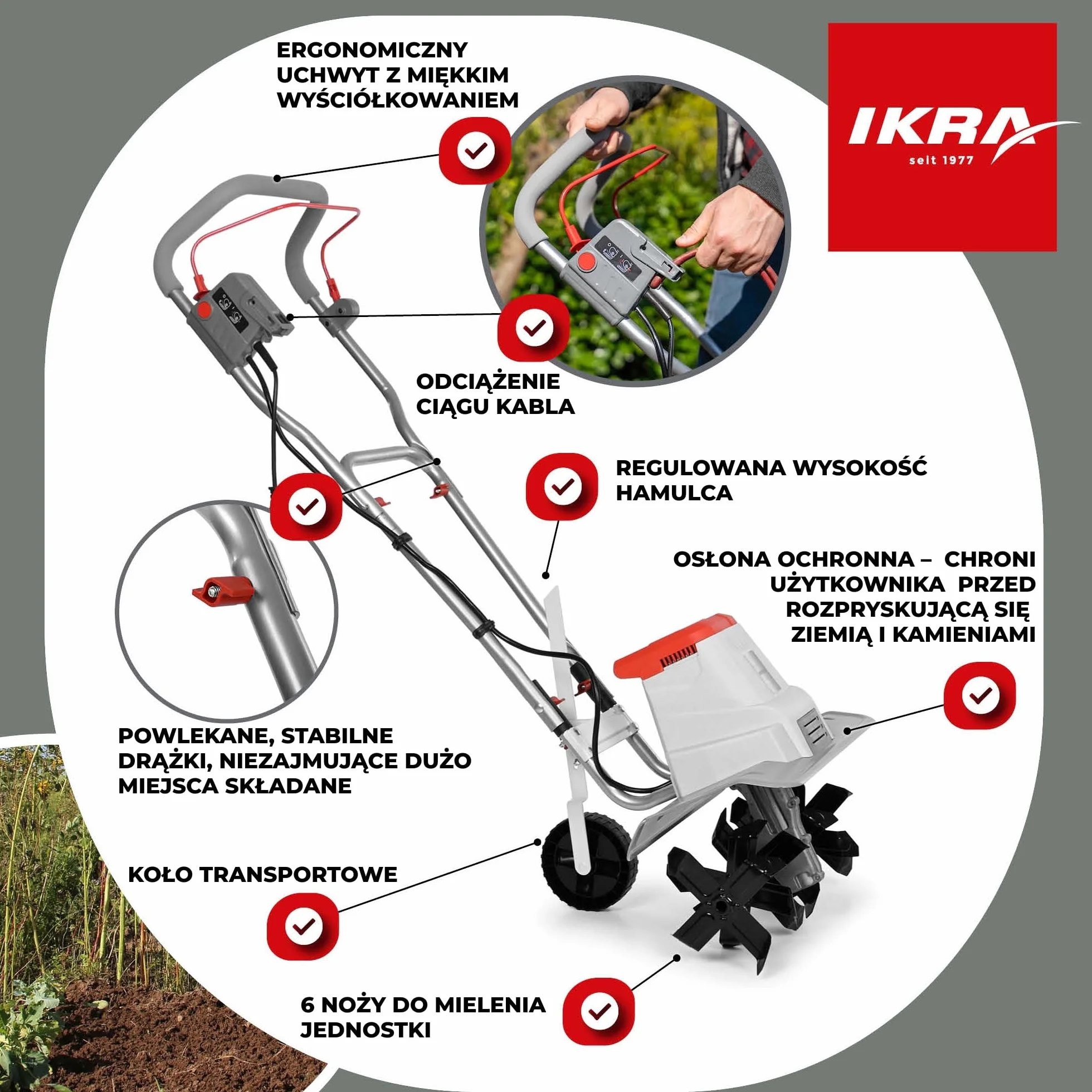 IKRA Glebogryzarka elektryczna IEM 1500, elastyczna szerokość robocza 32 i 45 cm, głębokość robocza do 20 cm, moc 1500 W
