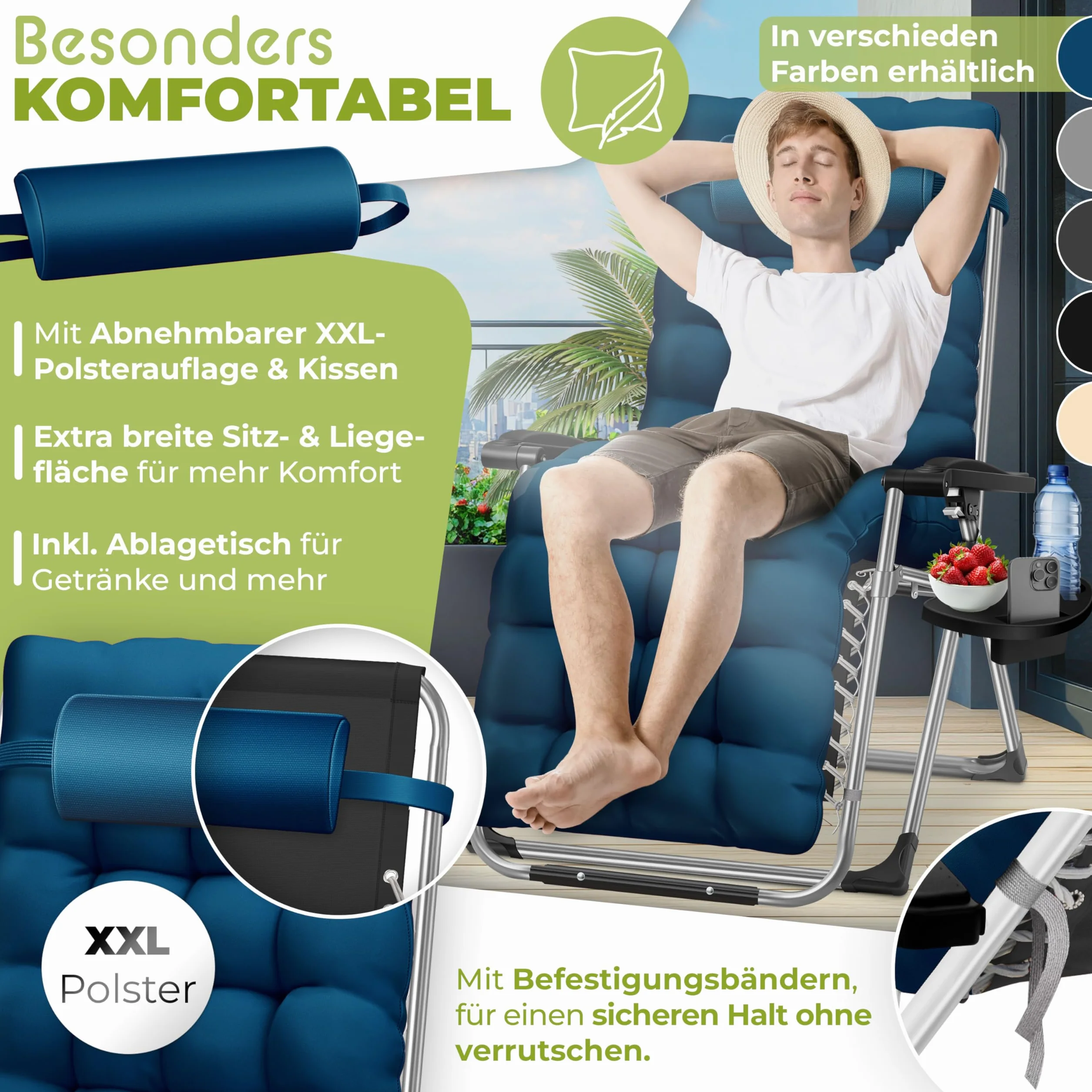 KESSER® Leżak składany z uchwytem na napoje, krzesło ogrodowe z poduszką, leżak do leżenia, bardzo duży leżak ogrodowy, regulowane oparcie, leżak ogrodowy z podparciem poduszek