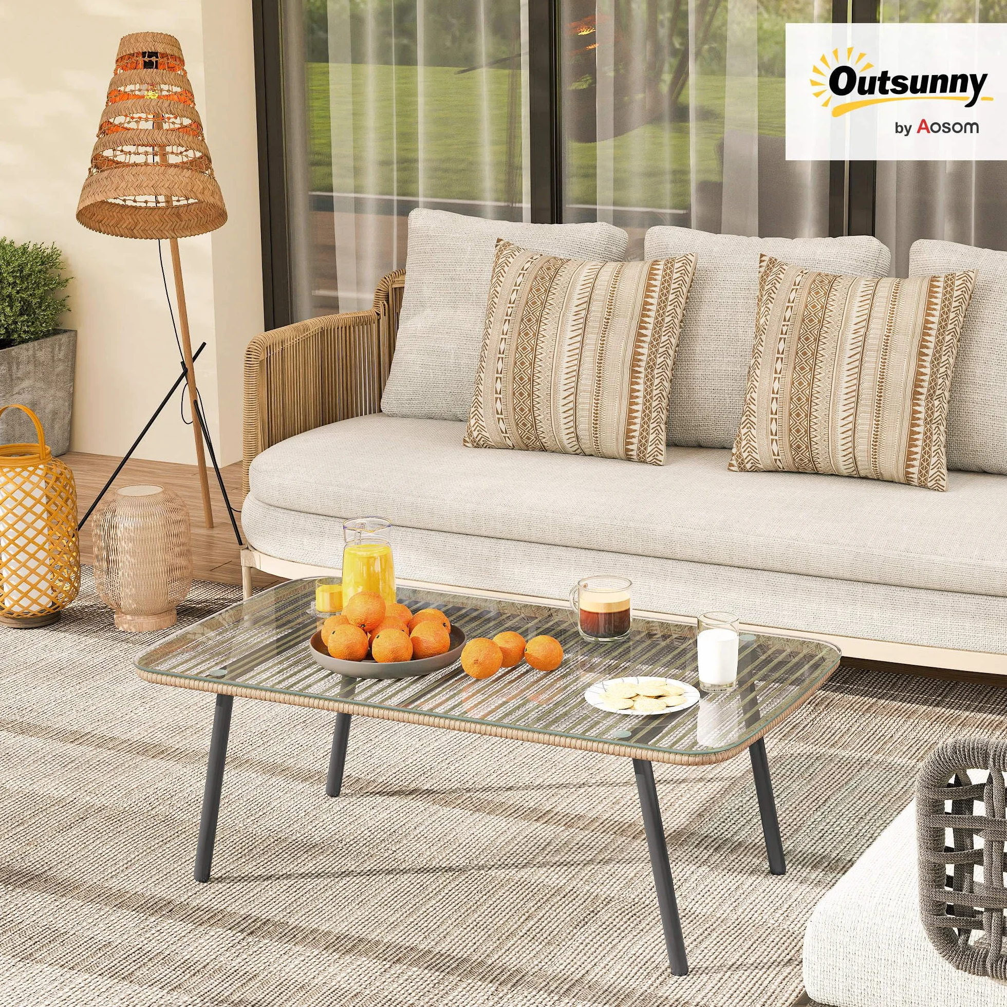 Outsunny Stolik ogrodowy z plecionej żywicy, blat ze szkła hartowanego, stolik pomocniczy do użytku na zewnątrz, do ogrodu, na taras, patio, balkon, stalowa rama, 110 x 60 x 40 cm, z efektem