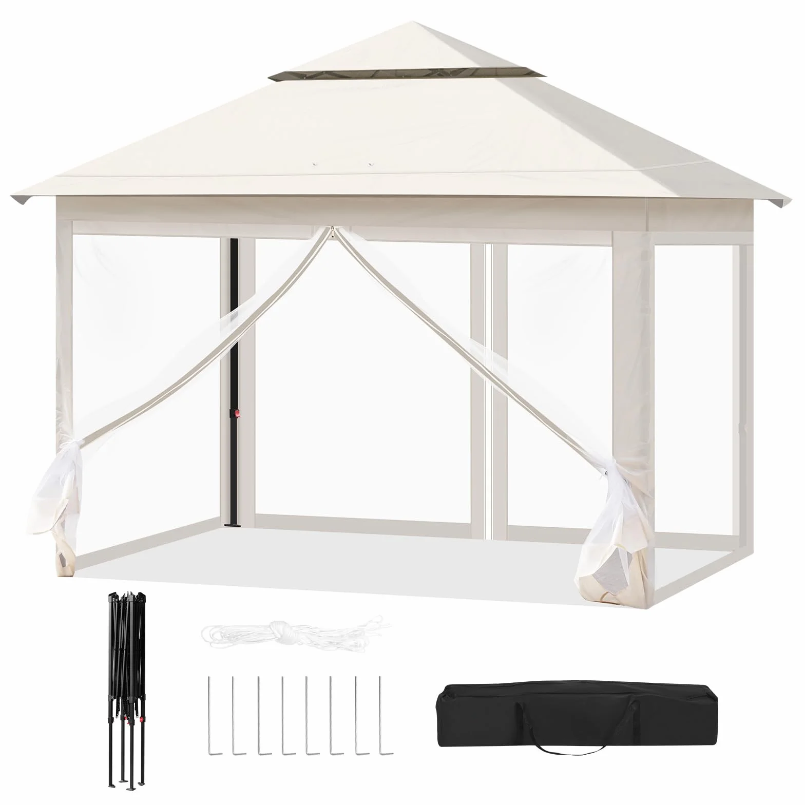 WOLTU Pawilon ogrodowy na zewnątrz, pergola 3 x 3 m, składany pawilon z wyjmowaną moskitierą, podwójny wodoodporny dach, torba do przenoszenia, odporny na promieniowanie UV, beżowy