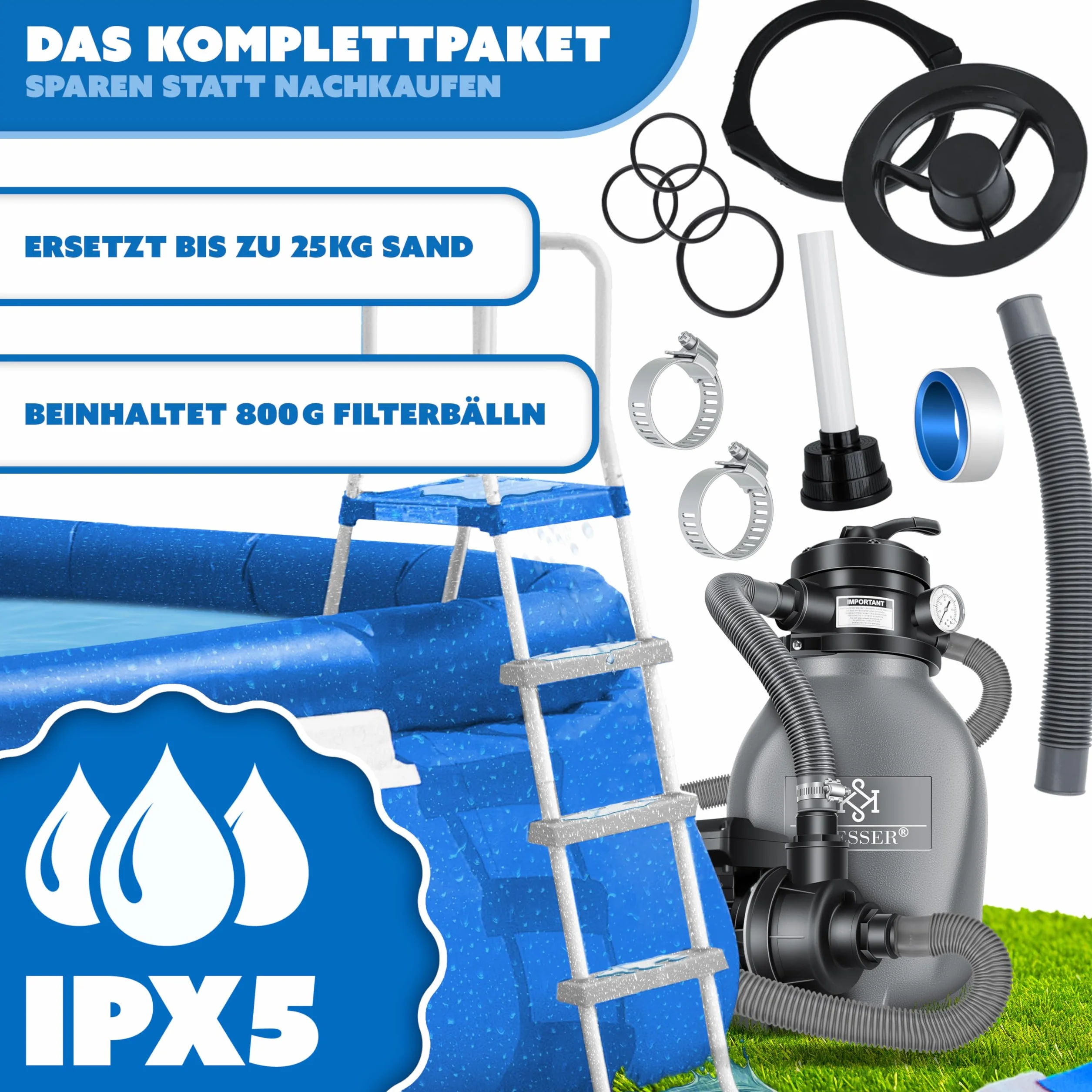 KESSER Filtr piaskowy 10 m³/h pompa filtrująca kulki 700 g zawór 4-drożny szary