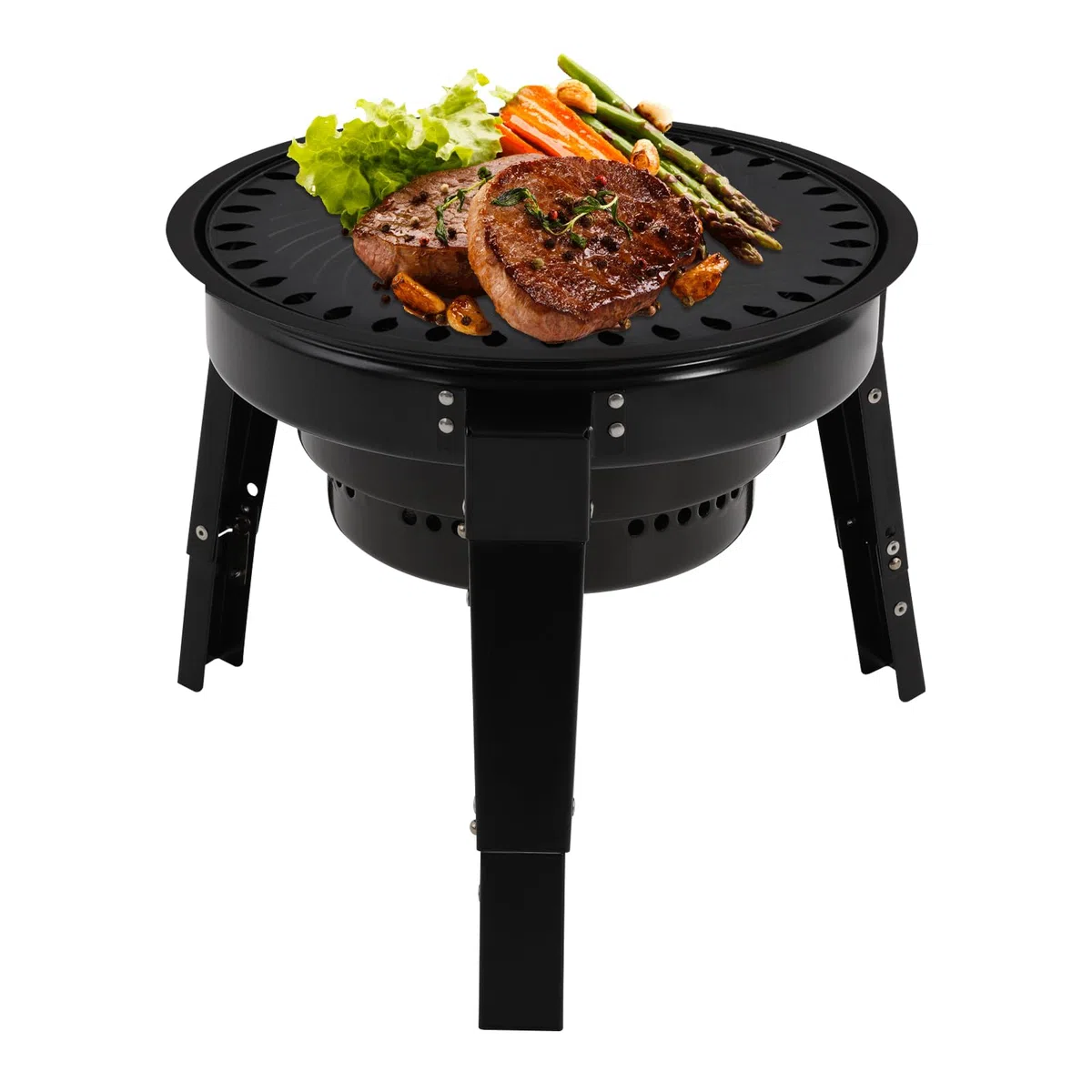 Przenośny grill na węgiel drzewny z 3 nogami, składany grill z regulacją wysokości, grill kempingowy dla 3-6 osób, z akcesoriami do grillowania i torbą do przenoszenia, do ogrodu, na piknik, imprezy