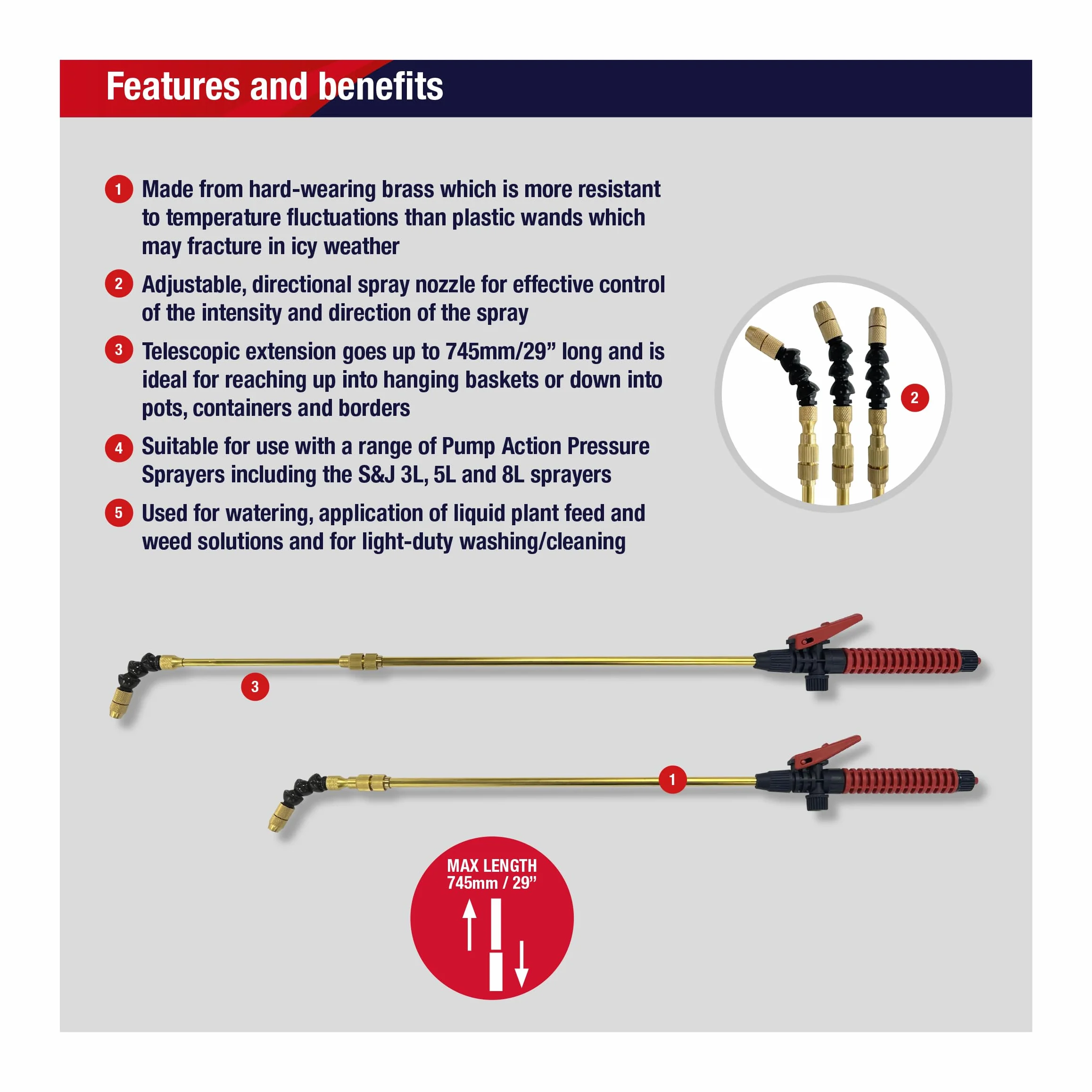 Spear & Jackson BRASSWAND Teleskopowa mosiężna różdżka wodna pasuje do opryskiwaczy ciśnieniowych z pompą - regulowana i kierunkowa dysza natryskowa - teleskopowa do 745 mm (29") - pasuje do