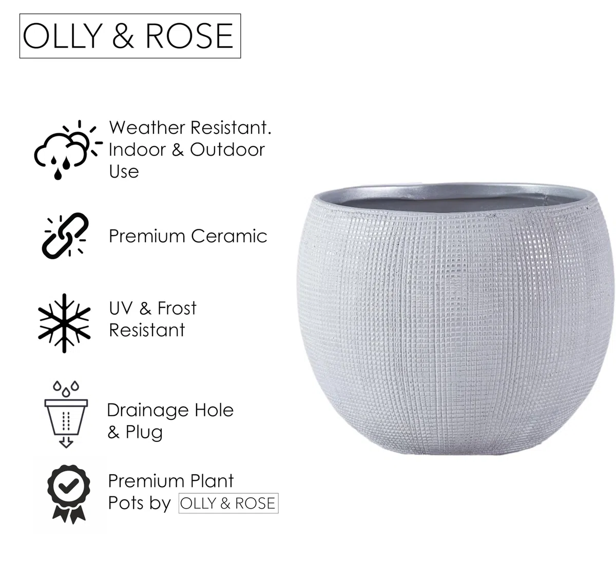 Olly & Rose Barcelona ceramiczne doniczki na rośliny, jasnoszare, 25 cm, duże doniczki na rośliny do użytku na zewnątrz i wewnątrz, szare doniczki
