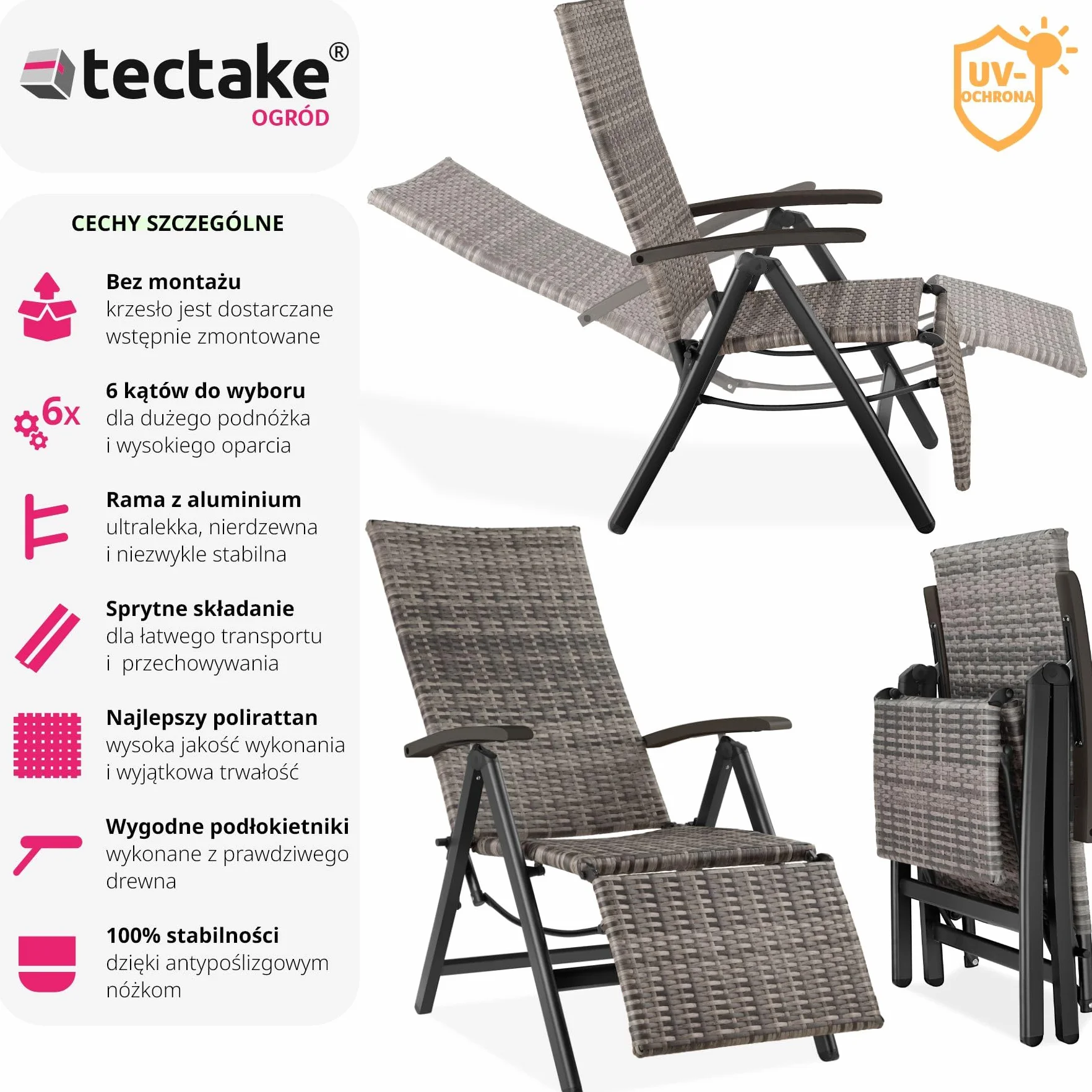 tectake®, Składany Fotel Ogrodowy, Rattanowe Krzesło Relaksacyjne, Regulacja Oparcia, Podnóżek, Plecionka UV, Aluminium, Antypoślizgowe Nóżki, Leżak Plażowy, Balkonowy, Na Taras (Szary)