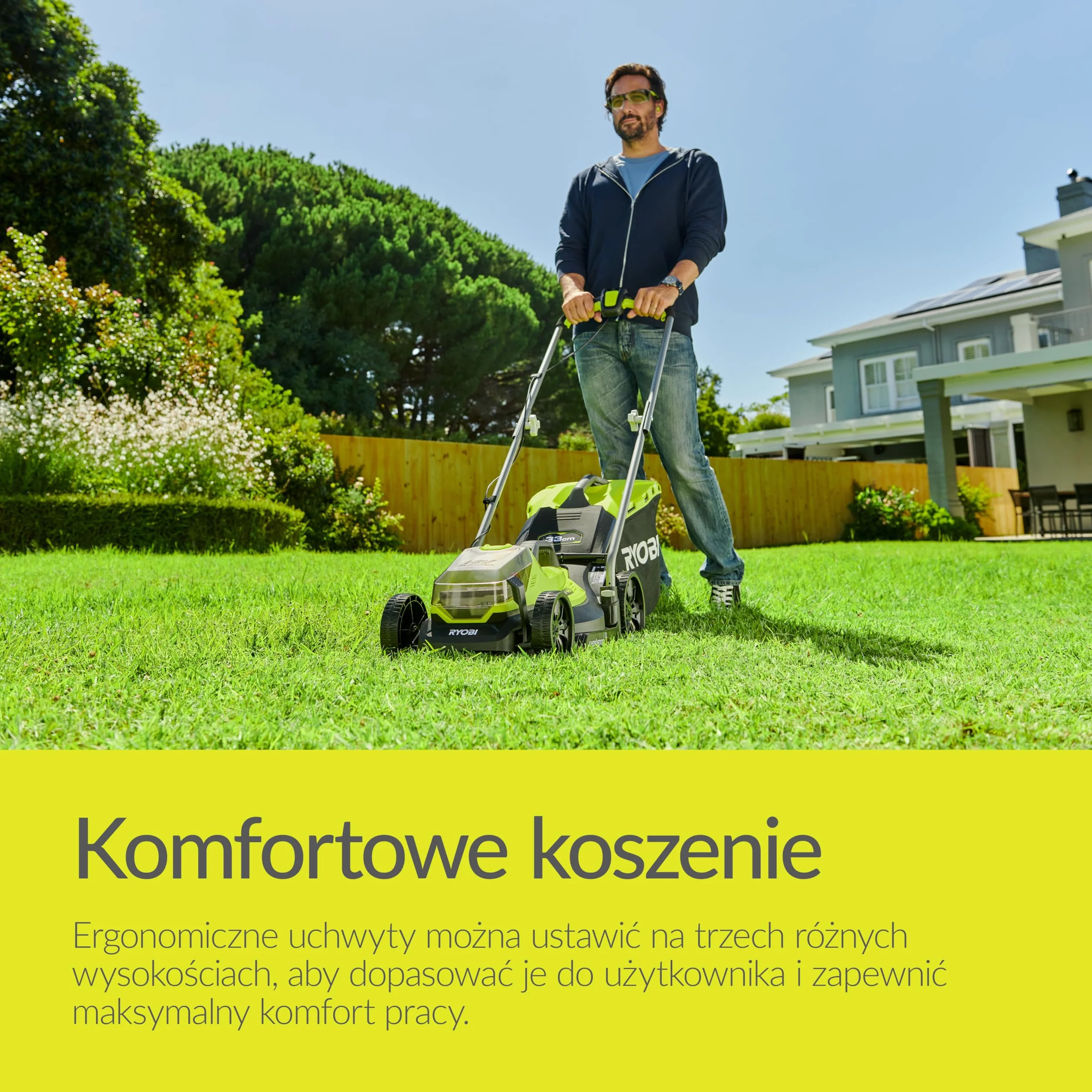 Ryobi Bezprzewodowa Kosiarka 18 V, OLM1833B, Szerokość Koszenia 33 cm, 5-Stopniowa Regulacja Wysokości Koszenia, od 25 mm do 65 mm, Kosz na Trawę 35 L, Wersja bez Akumulatora i Ładowarki