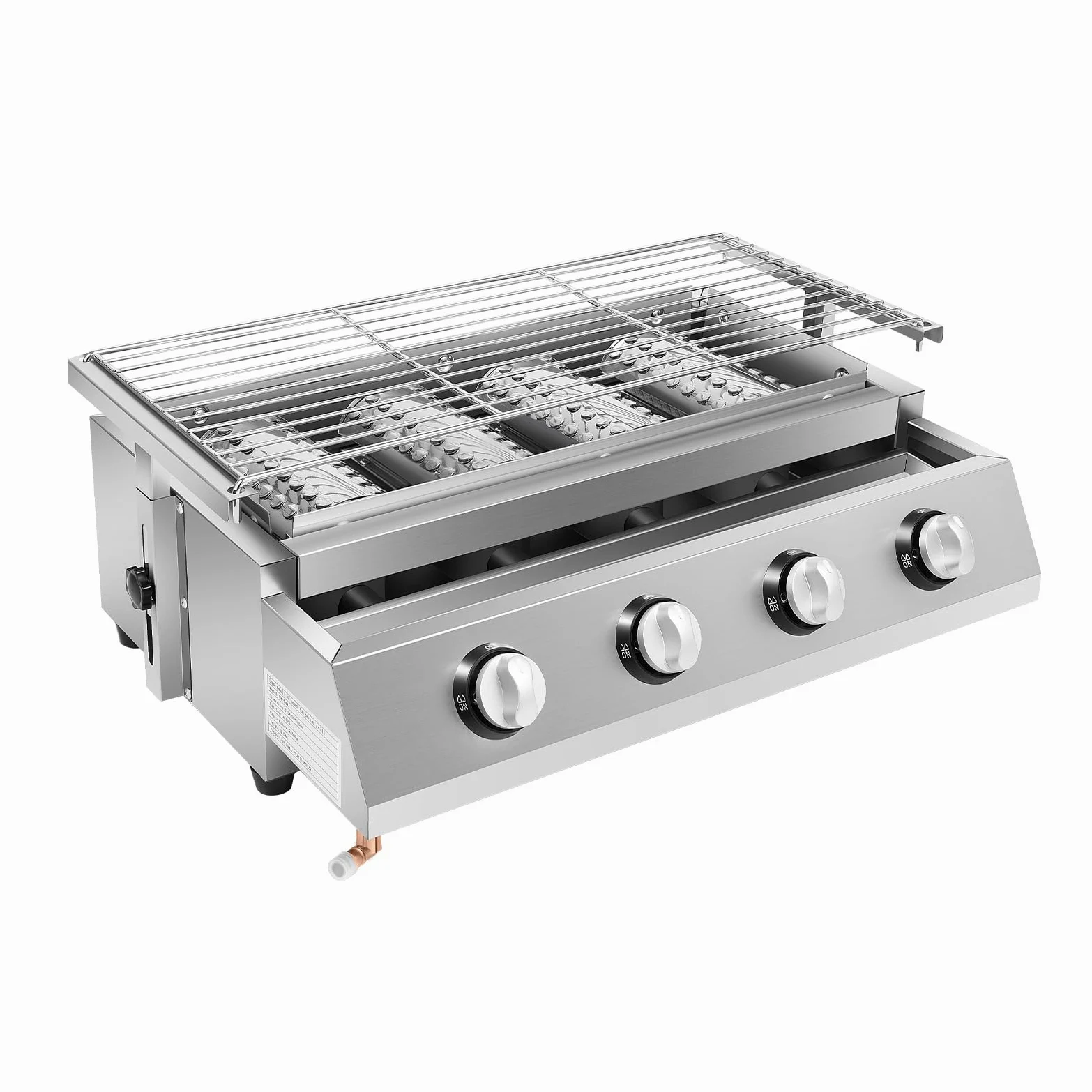 Grill gazowy, 4 palniki ze stali nierdzewnej, ruszt stołowy, zdejmowany, powierzchnia 55,8 x 23,2 cm, regulacja wysokości 0-7 cm, na kemping, balkon, do ogrodu, srebrny