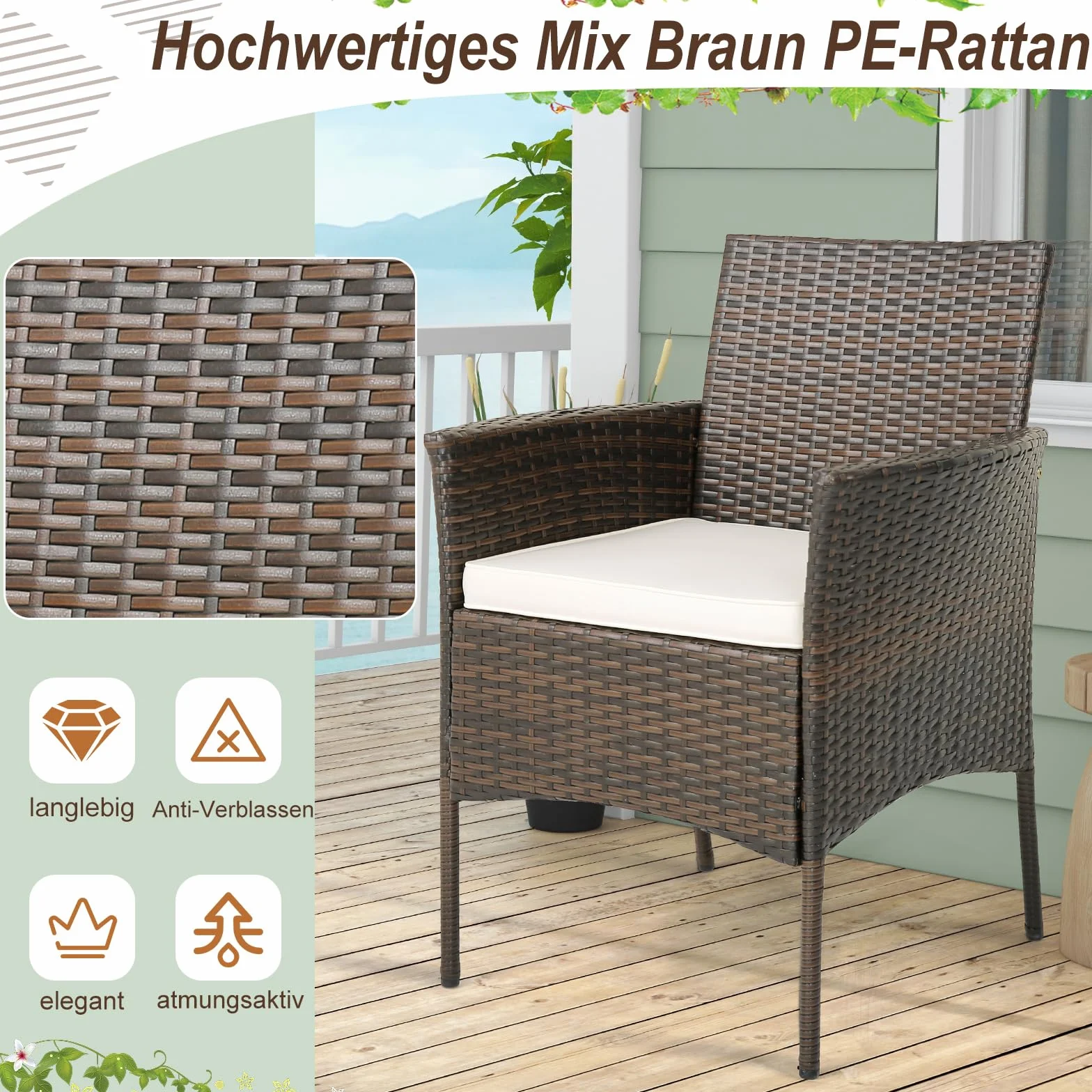 COSTWAY Zestaw 4 krzeseł rattanowych ogrodowych z poduszką, metalową ramą
