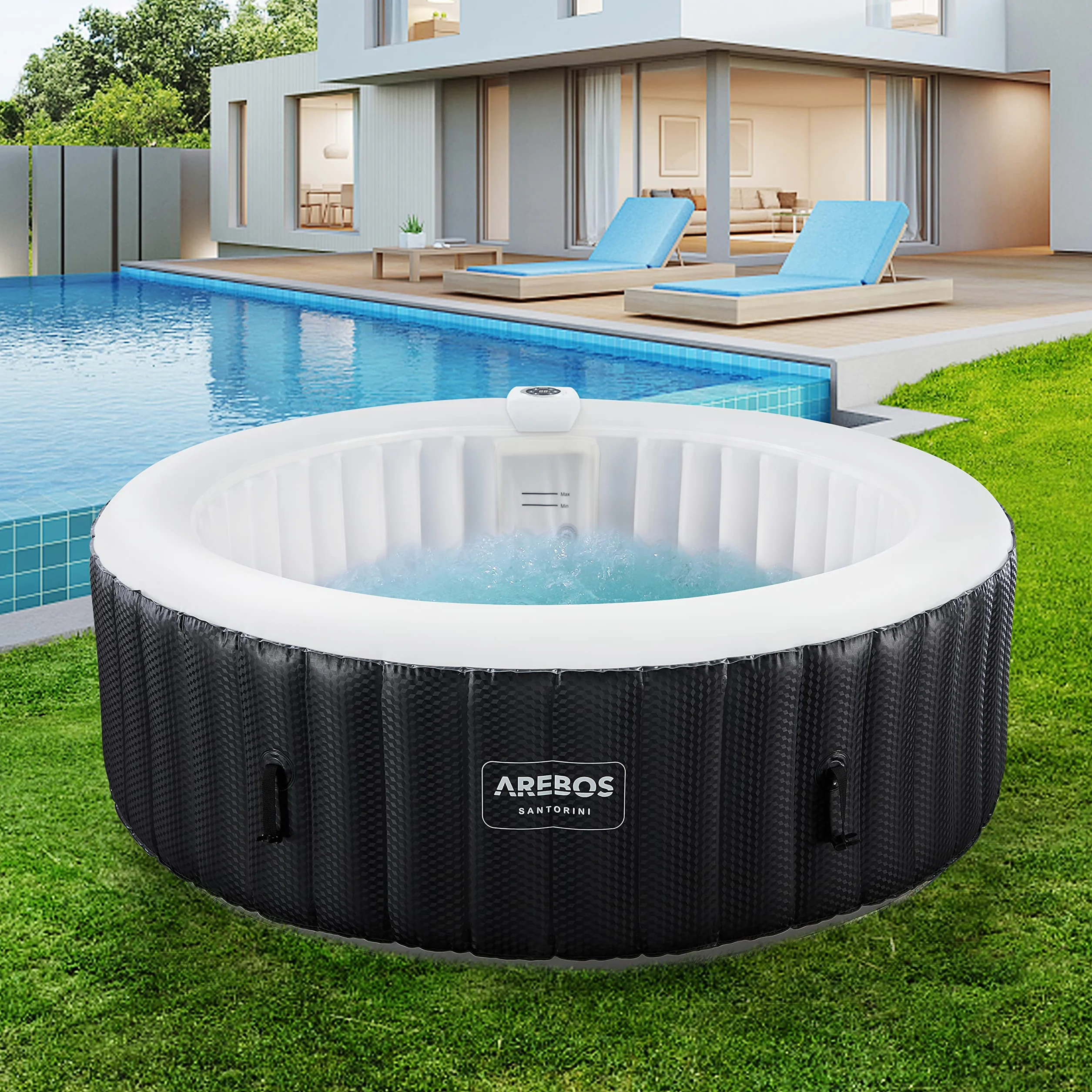 Arebos Nadmuchiwane Spa | Automatyczny nadmuchiwany | do wnętrz i na zewnątrz | 208 cm | 6 osób | Listwa świetlna LED | 130 dysz masujących | 1000 litrów | z pokrywką | Spa i dobre samopoczucie
