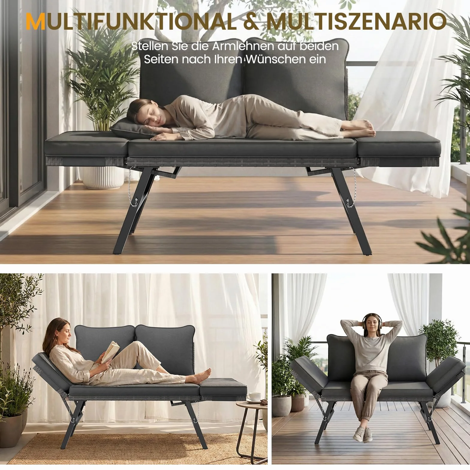 UDPATIO Polyrattan Ławka ogrodowa odporna na warunki atmosferyczne z funkcją leżakową, sofa balkonowa 3 w 1, funkcja regulacji z dodatkowo grubymi poduszkami siedzisk i poduszkami na podłokietniki do