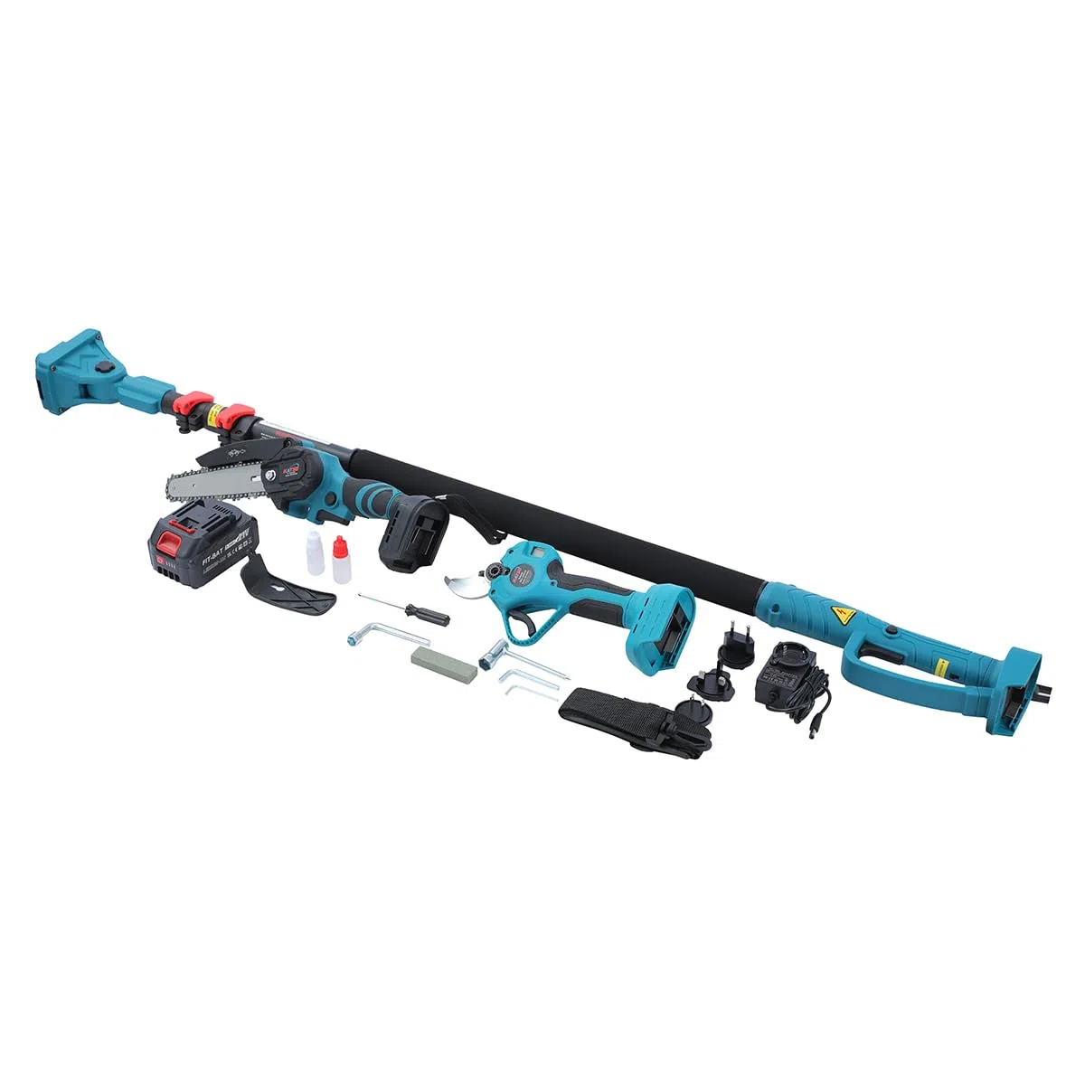 Katsu FIT-BAT 21 V teleskopowa sekator, wysuwany do 253 cm, zestaw 3 w 1 z baterią 3,0 Ah, bezszczotkowa piła łańcuchowa i nożyce do gałęzi