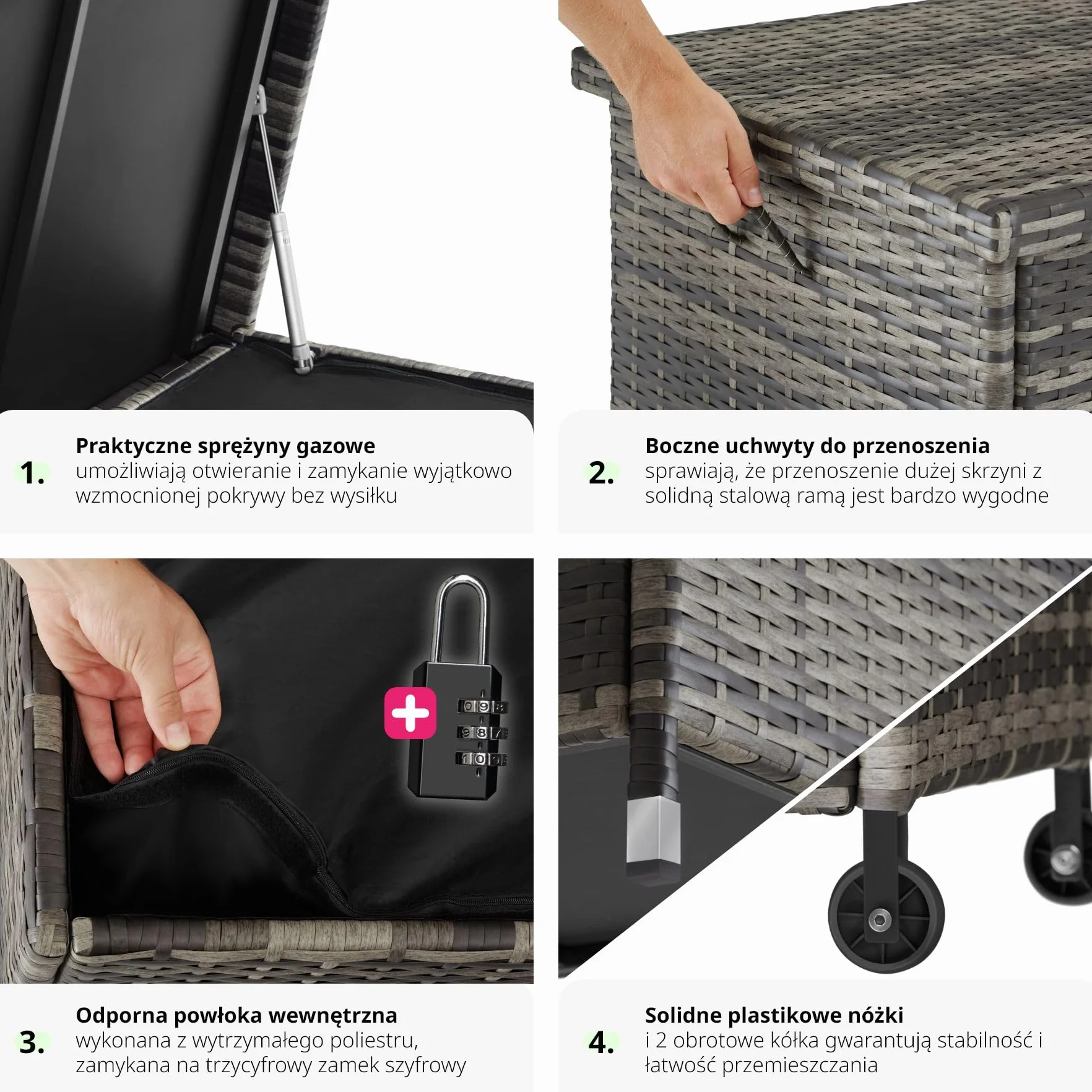 tectake® Uniwersalna Skrzynia Ogrodowa, Duża Pojemność 297l, 117x54x64cm, Trwała Plecionka z Polirattanu, Wytrzymała Rama z Aluminium, Wzmocniona Pokrywa z Systemem Sprężyny Gazowej (Szary)