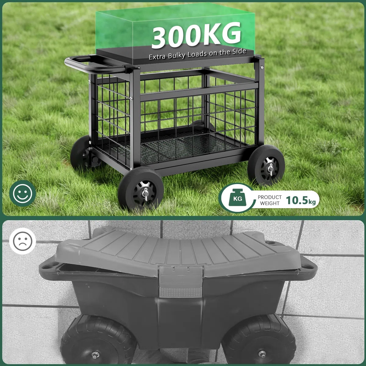 FLINTER Rolling ogrodowy fotel roboczy z kółkami, patentowy wózek ogrodowy z siedziskiem, wózek ogrodowy z koszem do przechowywania, stołek ogrodowy z kółkami dla seniorów, ogrodników, wielofunkcyjny
