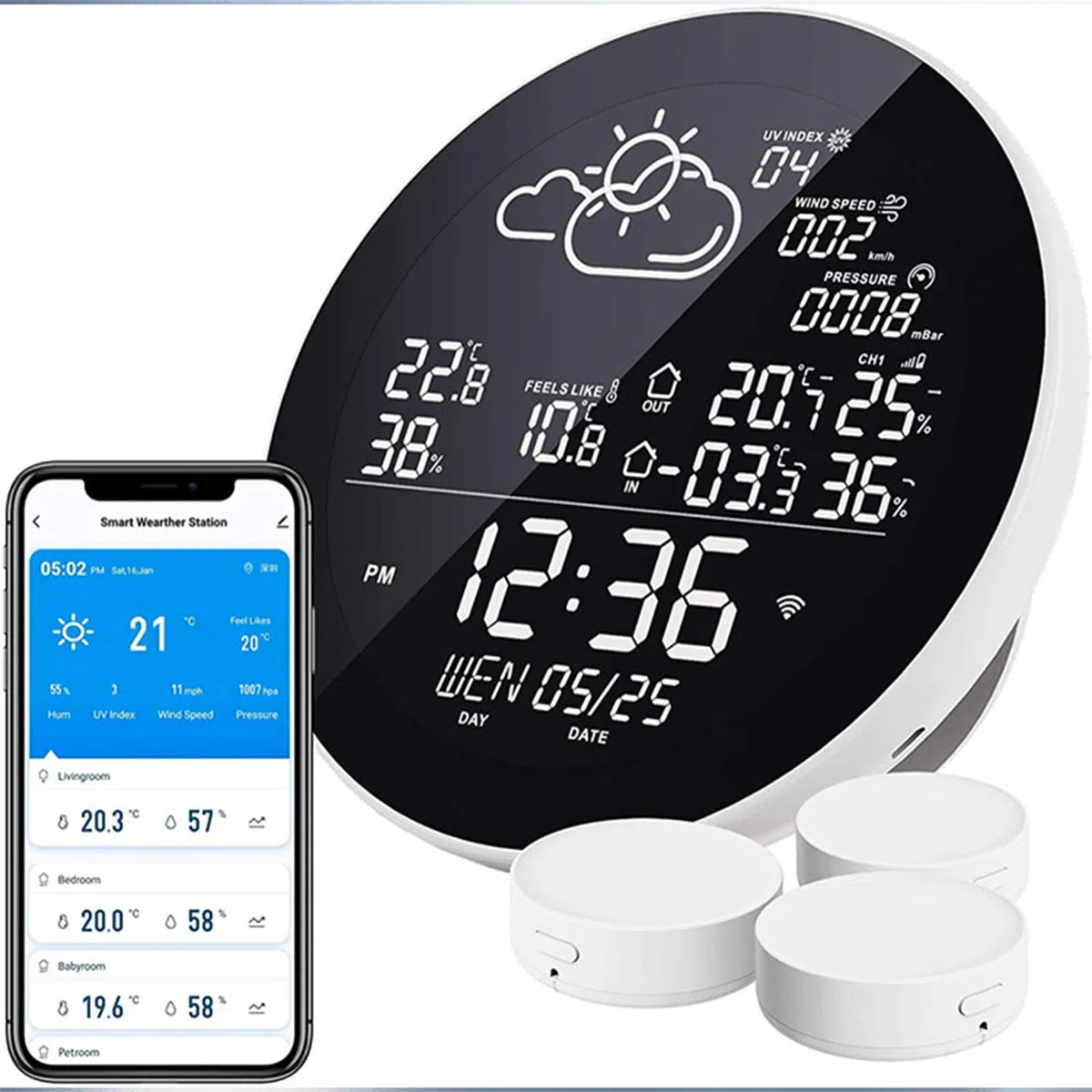 Stacja pogodowa WiFi Smart z pilotem Tuya APP i czujnikami, miernik temperatury i wilgotności wewnątrz i na zewnątrz, duży kolorowy wyświetlacz, zegar pogodowy, barometryczny, z 3