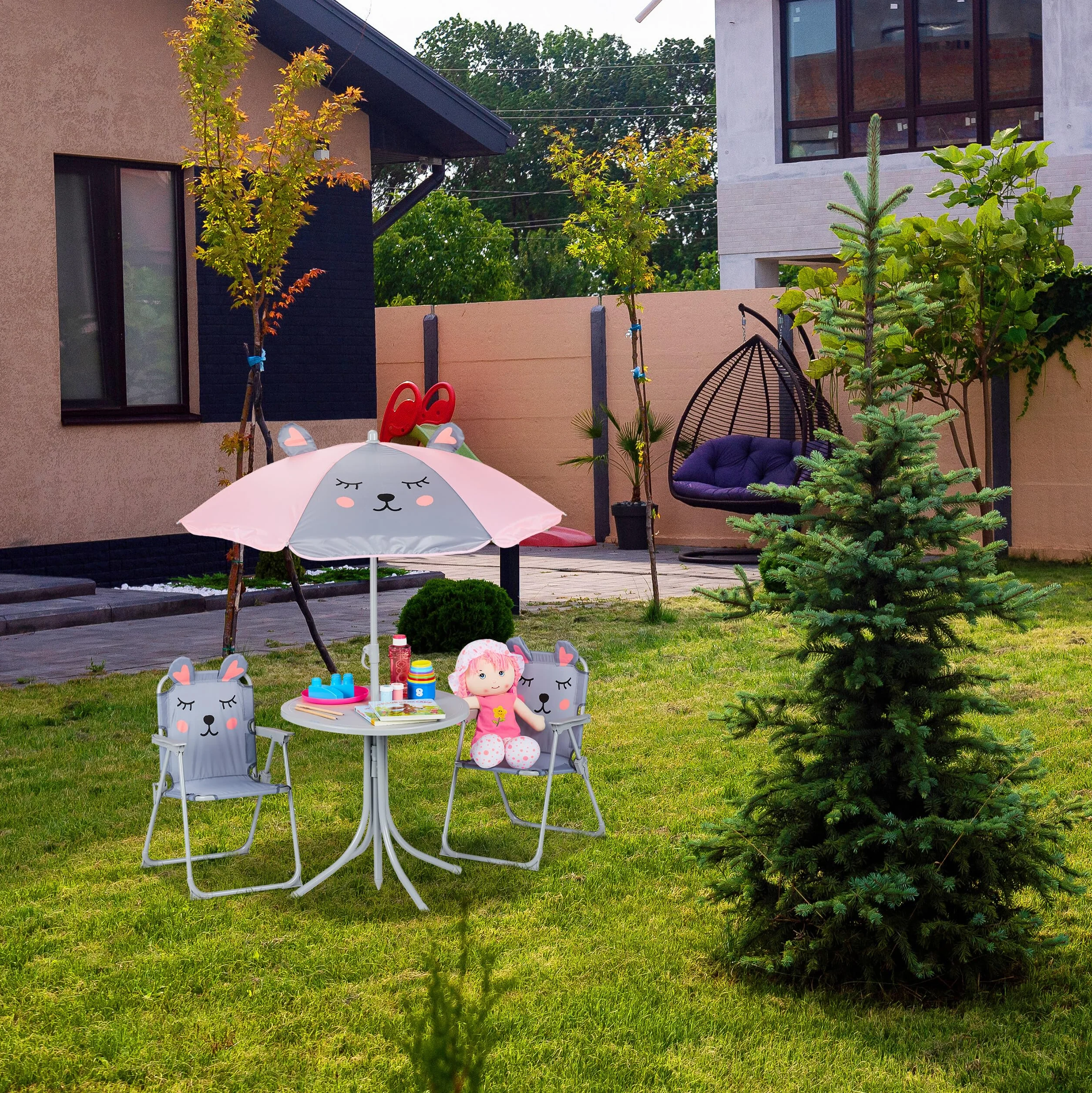 Relaxdays, Biały zestaw mebli kempingowych dla dzieci z parasolem, składanymi krzesłami i stołem, zestaw ogrodowy dla dzieci, panda, 10028889_1094