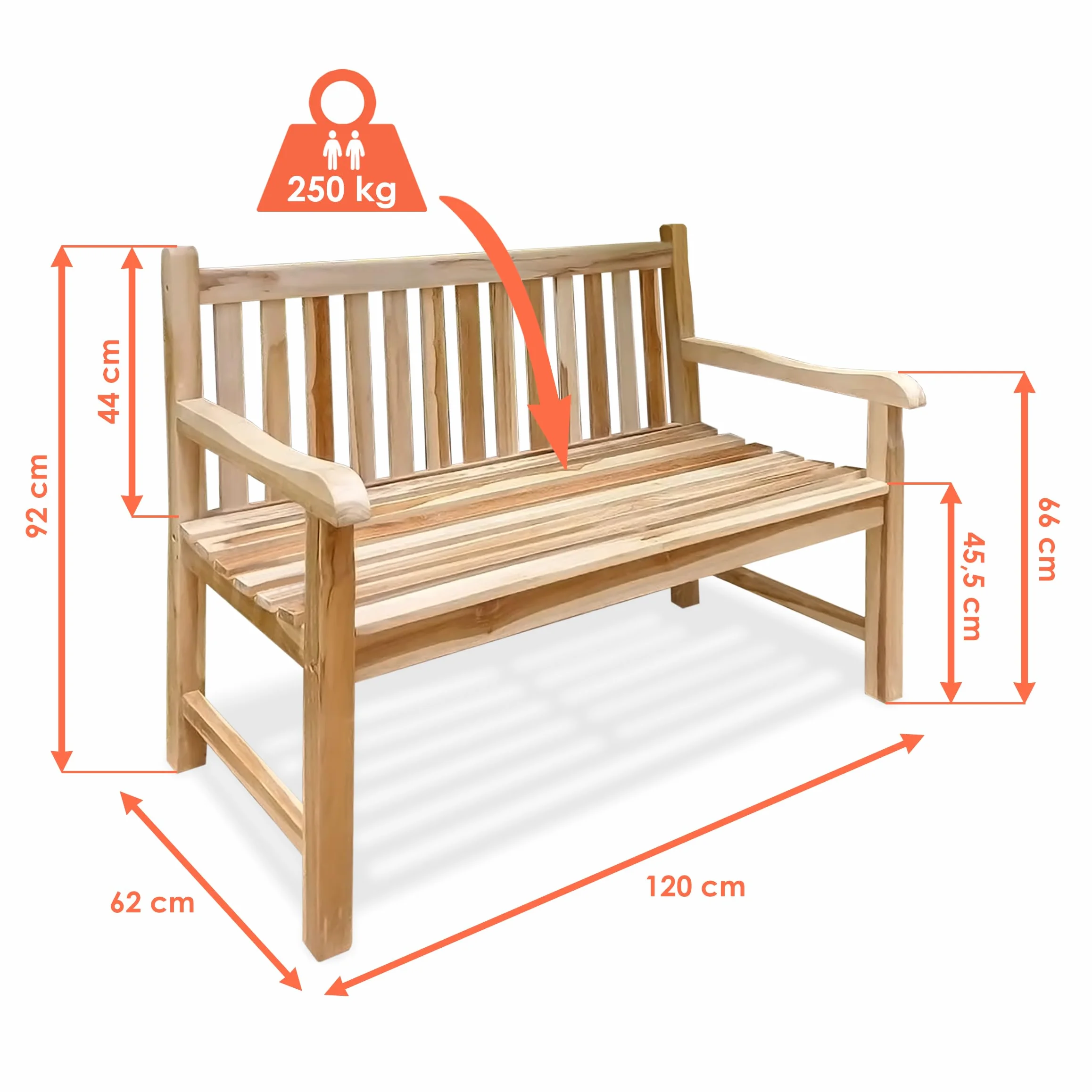 Spetebo 2-osobowa ławka ogrodowa z drewna tekowego z podłokietnikami, obciążenie 250 kg – 120 cm – drewniana ławka do siedzenia dla 2 osób – ławka parkowa z litego drewna, na balkon, taras, do ogrodu