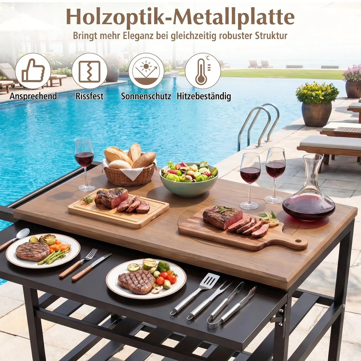 COSTWAY Grill na kółkach, stół grillowy na kółkach, składany stół boczny, powierzchnia robocza o wyglądzie drewna i 2 półki, metal, na taras, 94,5 x 75 x 78,5 cm, brązowy