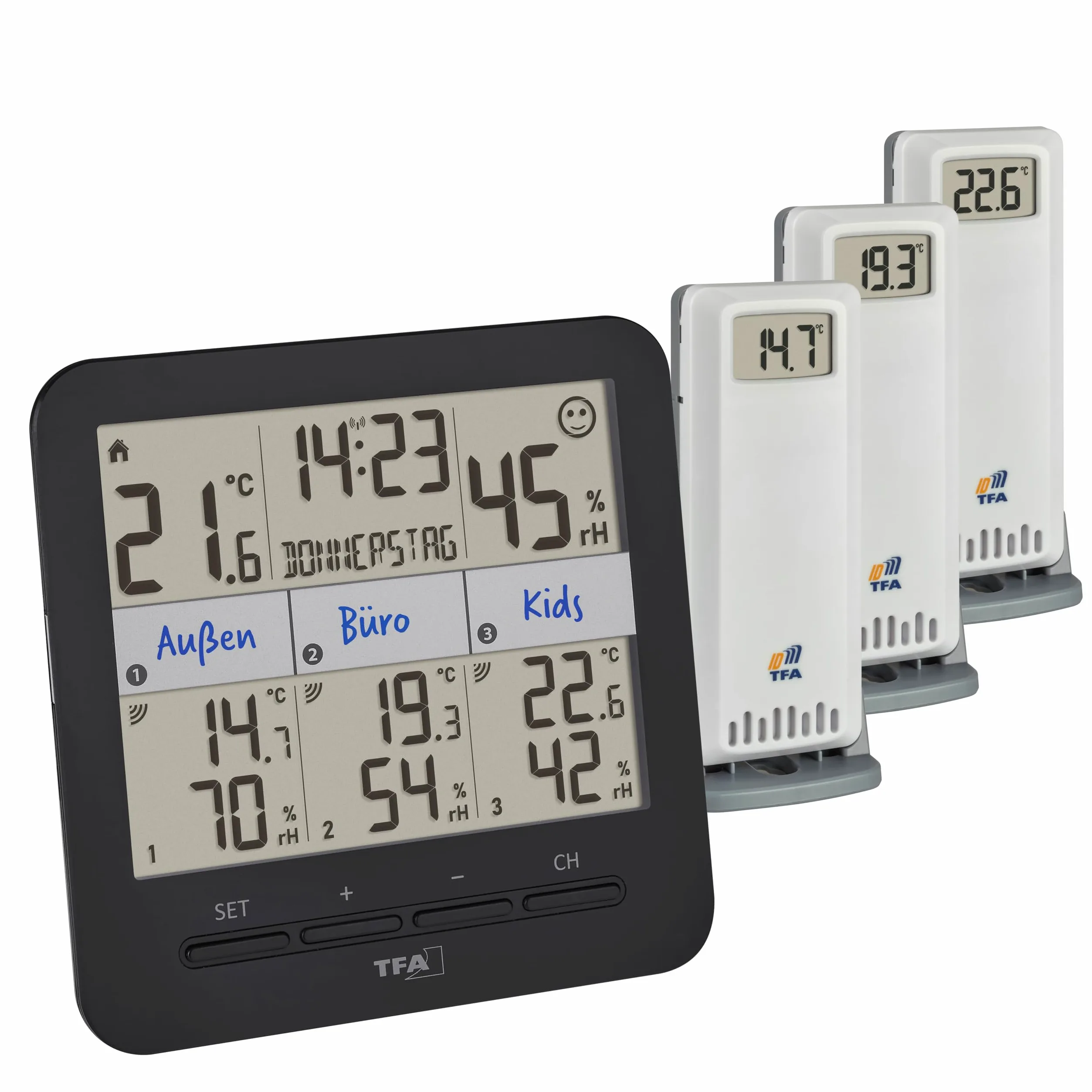 TFA Dostmann Termohigrometr z 3 nadajnikami Klima@Home2, 30.3075.01, temperatura/wilgotność powietrza w pomieszczeniach mieszkalnych i roboczych, wraz z podaniem punktu rosy w celu uniknięcia