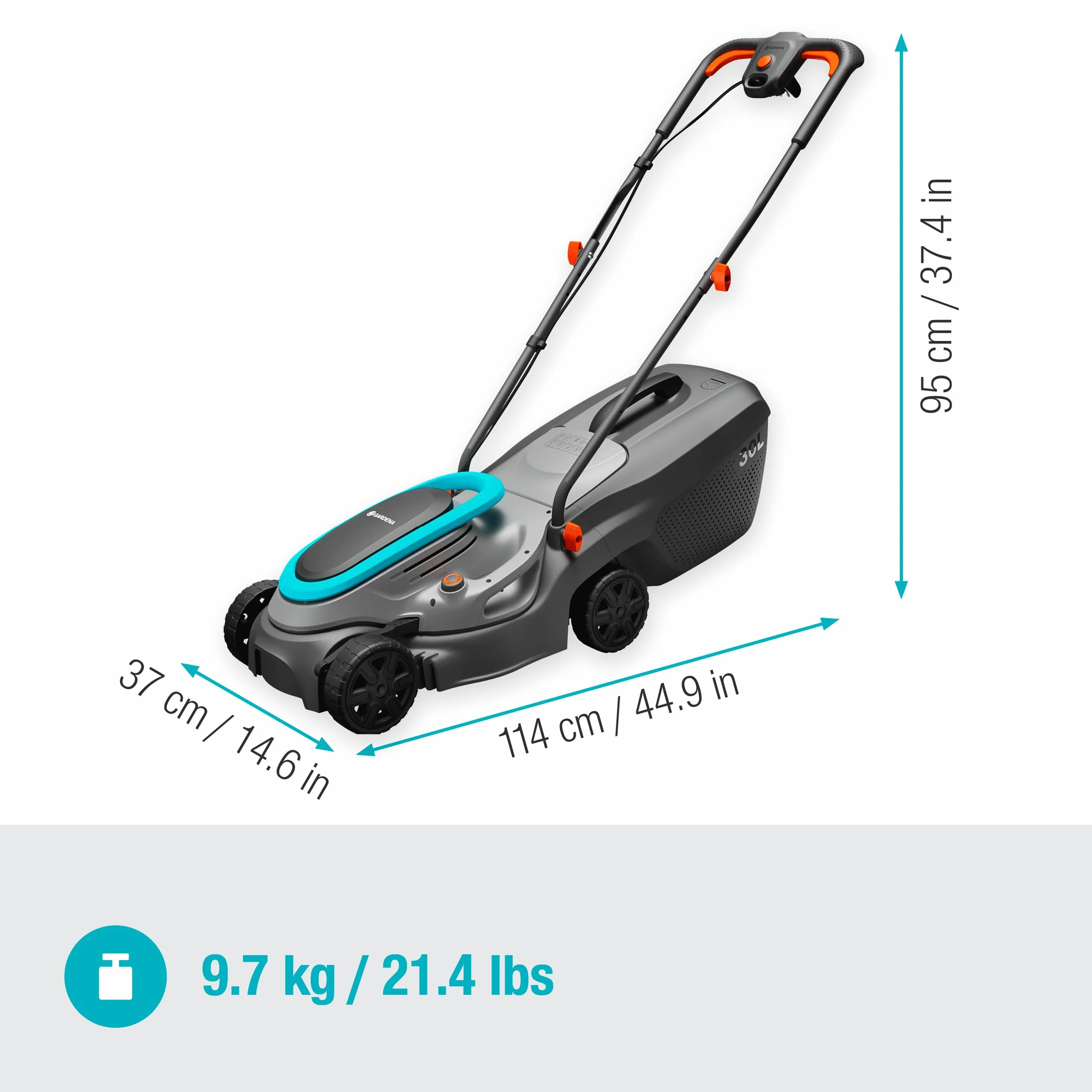 Gardena elektryczna kosiarka PowerMax 32/1200 G2: Kosiarka do 300 m², moc 1200 W, szerokość cięcia 32 cm, objętość 30 l, wysokość cięcia 35 do 65 mm, uchwyt ErgoTec, składany (14633-20)