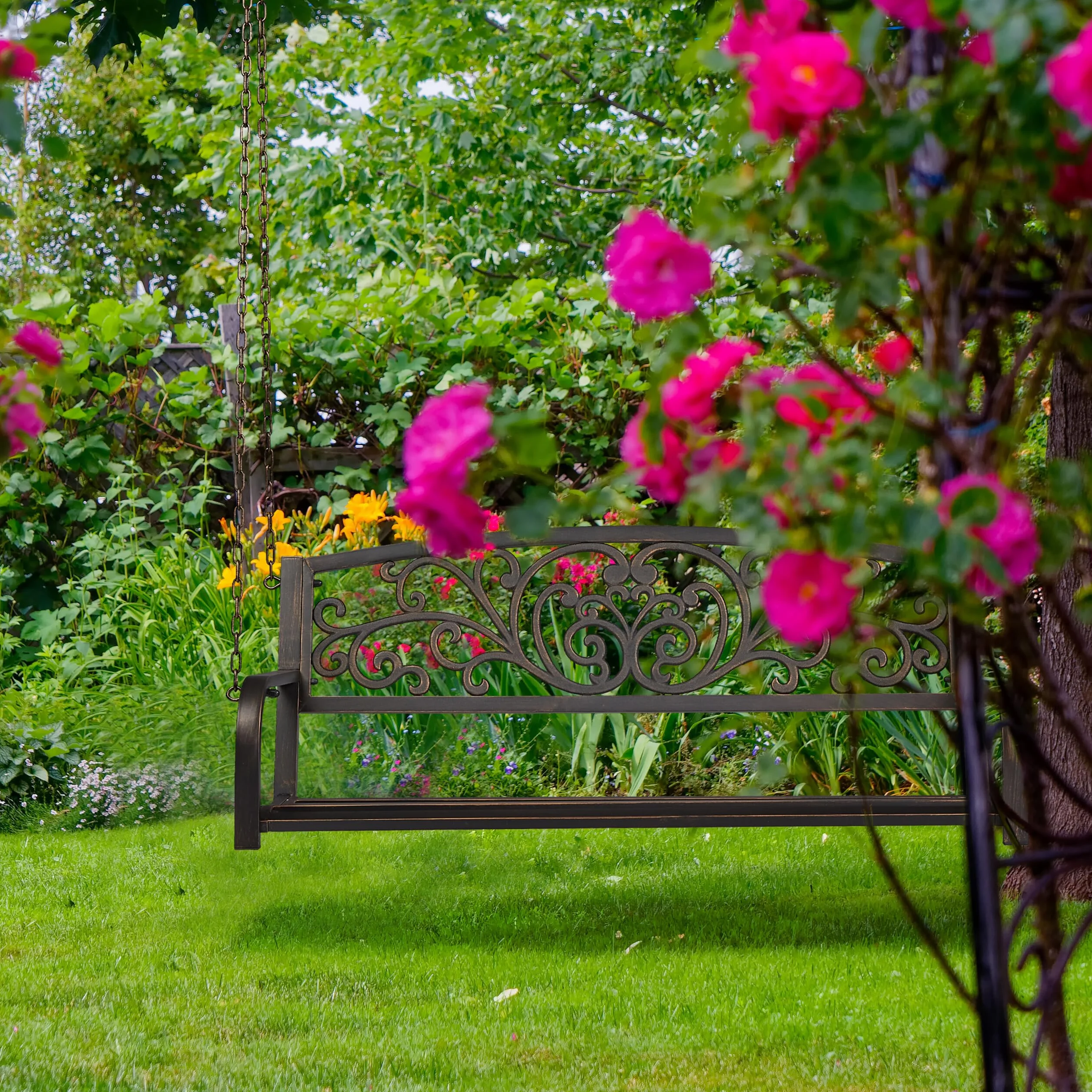 Relaxdays Ławka wisząca 2-osobowa metalowa huśtawka ogrodowa vintage biały/brąz 190x133x55 cm