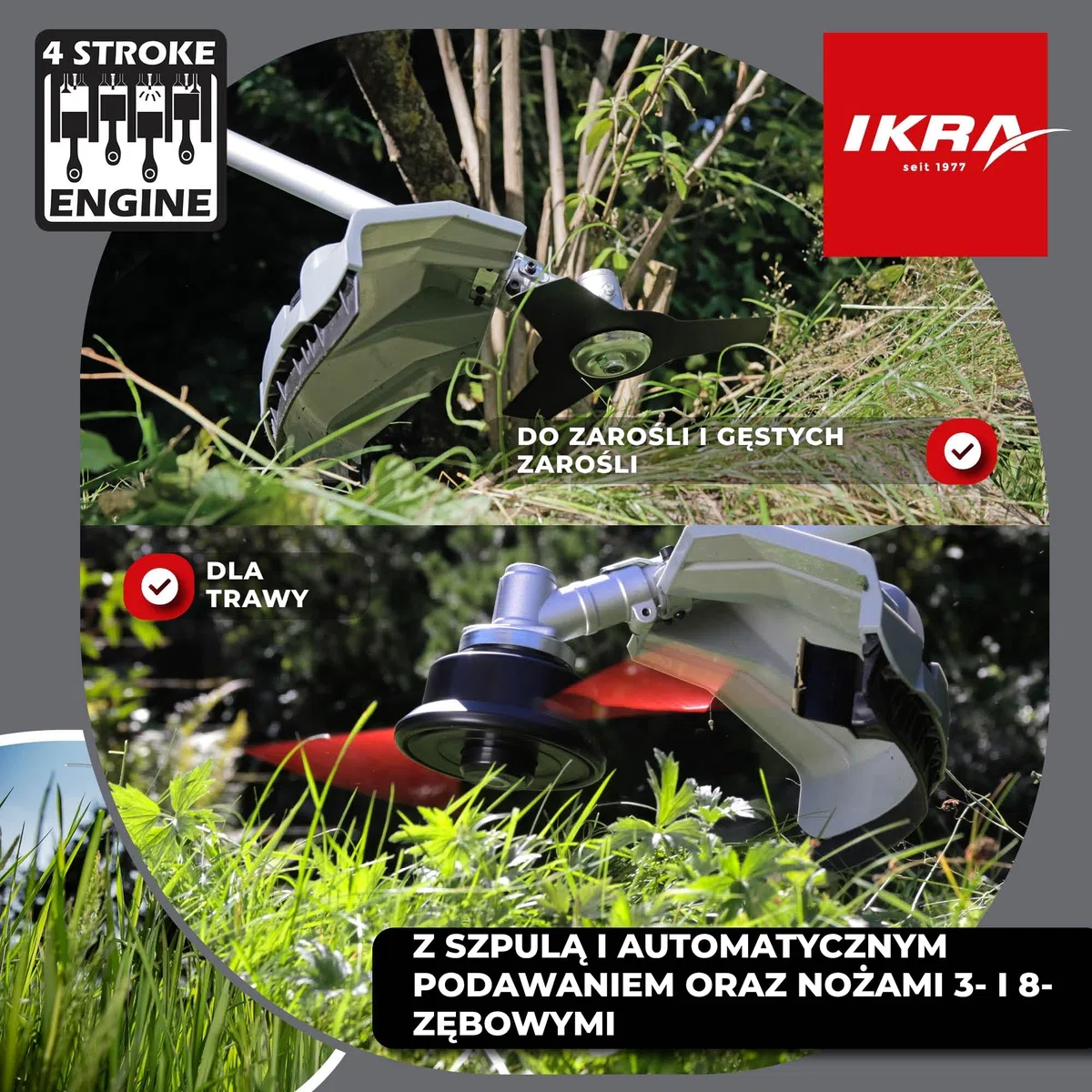 IKRA Podkaszarka spalinowa IBF 31-4, 31 cm³ 0,7 kW z zestawem akcesoriów | W zestawie nóż 3- i 8-zębny, szpula, pas naramienny i okulary, mocny silnik 4T z łatwym rozruchem