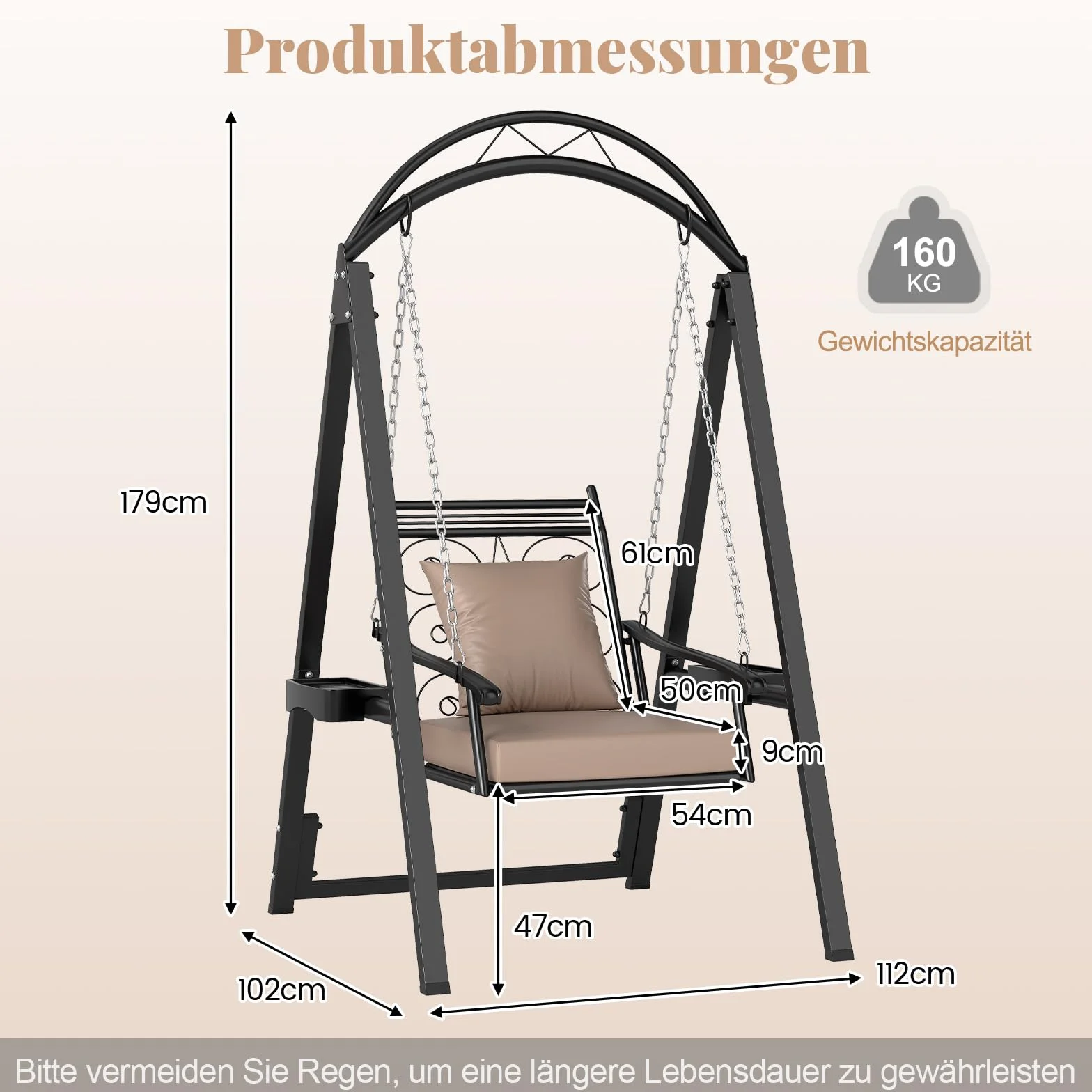COSTWAY Huśtawka ogrodowa ze stelażem, metalowa huśtawka ogrodowa ze zdejmowanymi poduszkami i stolikami bocznymi, do 160 kg, huśtawka tarasowa, stelaż huśtawki do ogrodu, na balkon, podwórko (czarna)