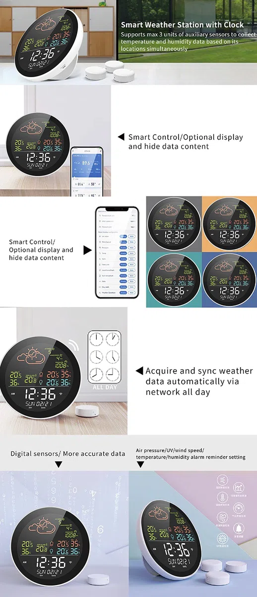 WiFi Inteligentna stacja pogodowa z zegarem, pomiarem temperatury wewnątrz i na zewnątrz oraz wilgotności powietrza. Wielofunkcyjny duży kolorowy ekran, stacja pogodowa z termometrem i miernikiem