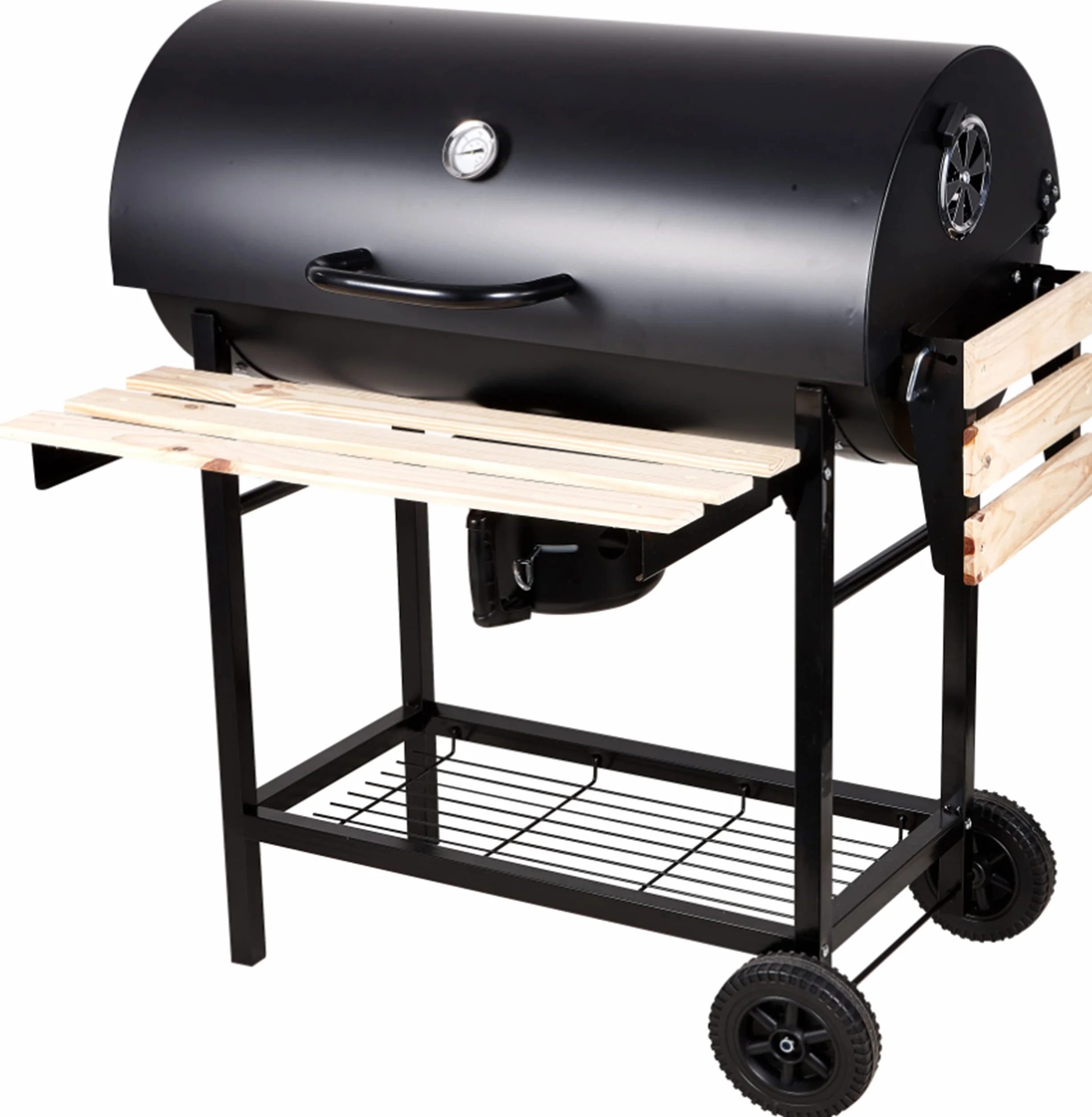 GrillMaster Okrągły Beczka BigBend GM2020 +Fartuch, Grill Ogrodowy, Węglowy, z Pokrywą, z Kółkami, Przesłony do Cyrkulacji Powietrza, Dodatkowe Półki