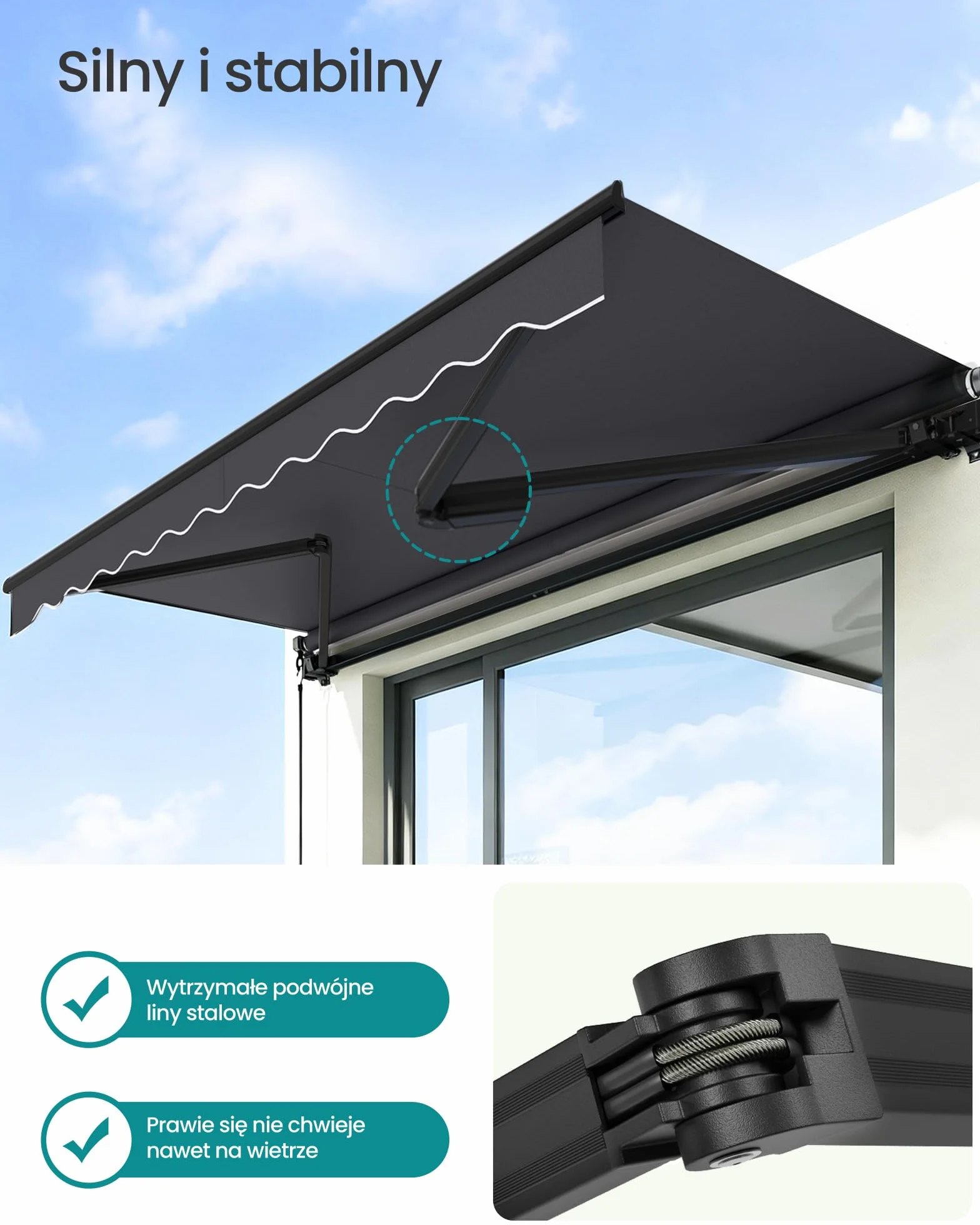 SONGMICS Markiza przegubowa, markiza z korbą ręczną, ochrona przed słońcem, UPF 50+, stop aluminium, regulowana, 300 x 250 cm, szara GSA306GZ01