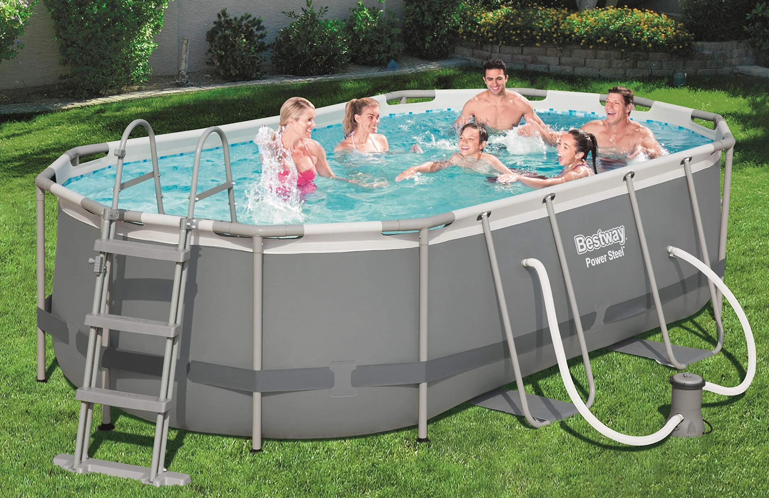 Bestway Power Steel 56620 basen z ramą, owalny, 7250 l, niebieski, szary, 90 cm, 1817 l/h)