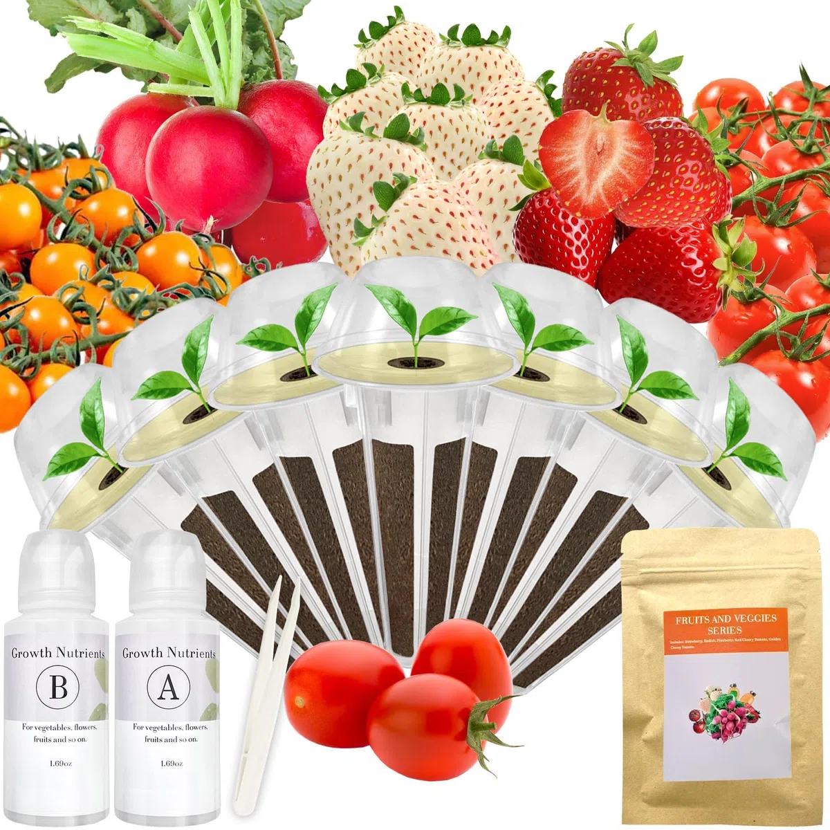 Zestaw kapsułek z nasionami truskawek do AeroGarden, Idoo, Ahopegarden z czerwoną truskawką, rzodkiewką, zielonym pieprzem, czerwonym pomidorem koktajlowym, Golden Harvest Cherry Tomate, kompatybilny