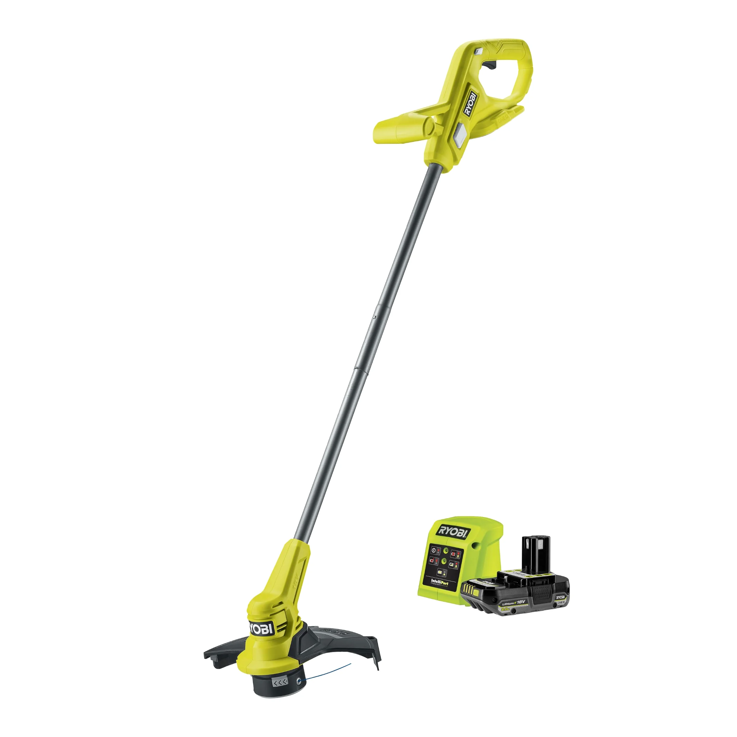 RYOBI 18 V ONE + akumulatorowa podkaszarka do trawy RY18LT23A-120P, szerokość cięcia 23 cm z nożem z tworzywa sztucznego, w zestawie 1 x 18 V 2,0 Ah akumulator litowy i ładowarka