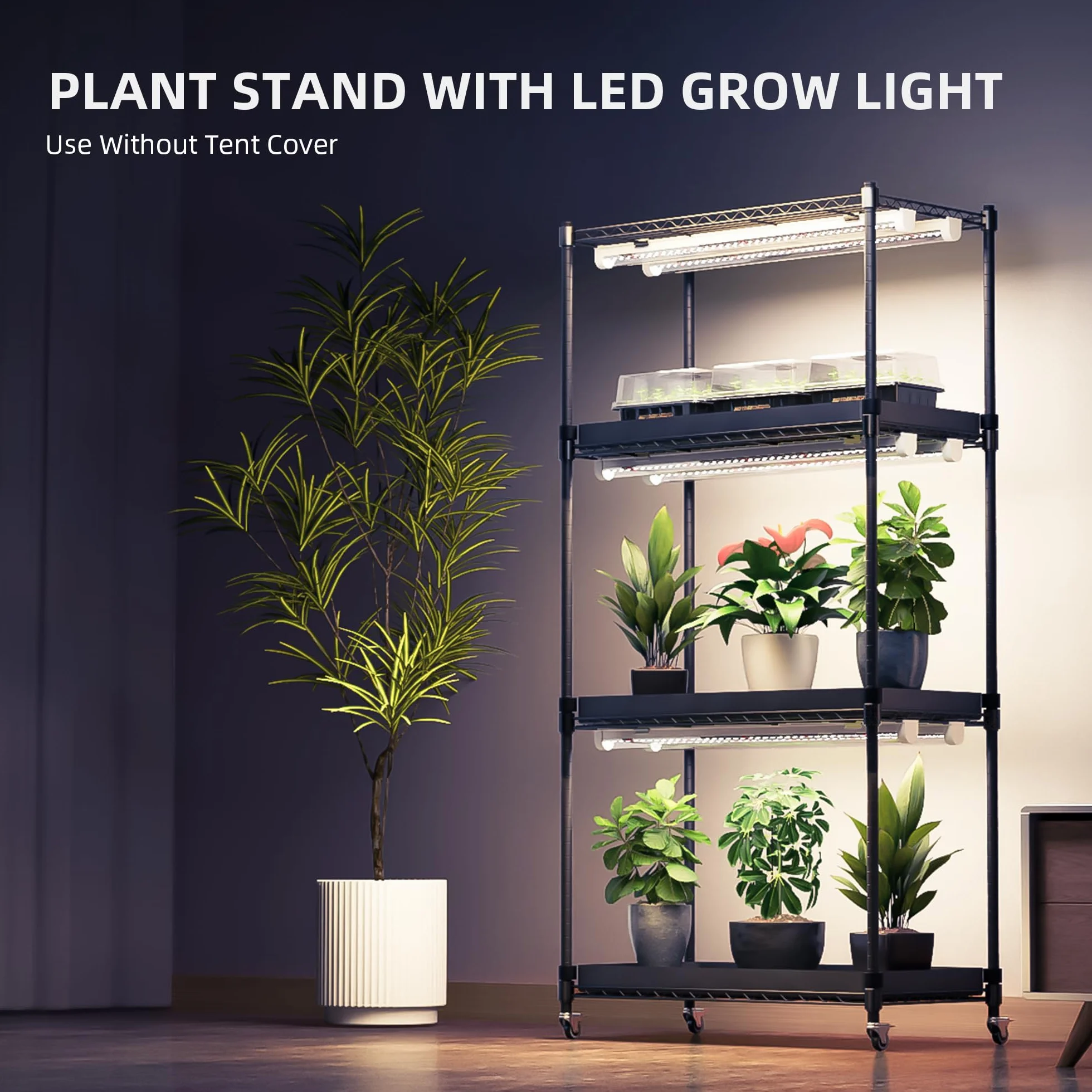 Spider Farmer 4-poziomowy stojak na rośliny z kółkami, do szklarni wewnętrznej, 6 szt., T8, pełne spektrum LED, oświetlenie i namiot, do rozruchu nasion 70 x 35 x 150 cm