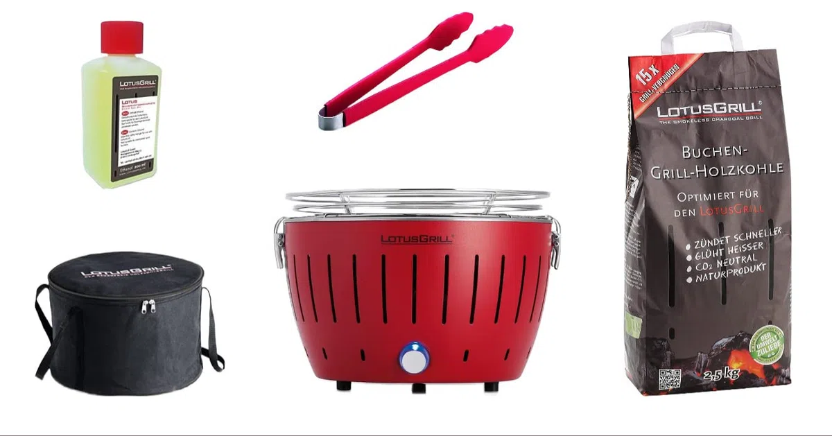 LotusGrill S Small kompaktowy zestaw startowy ognista czerwień, niskodymny grill na węgiel drzewny z 2,5 kg węgla bukowego, 200 ml pasty, 1 x szczypce (kolor w magazynie), 1 x torba. Zasilanie USB lub