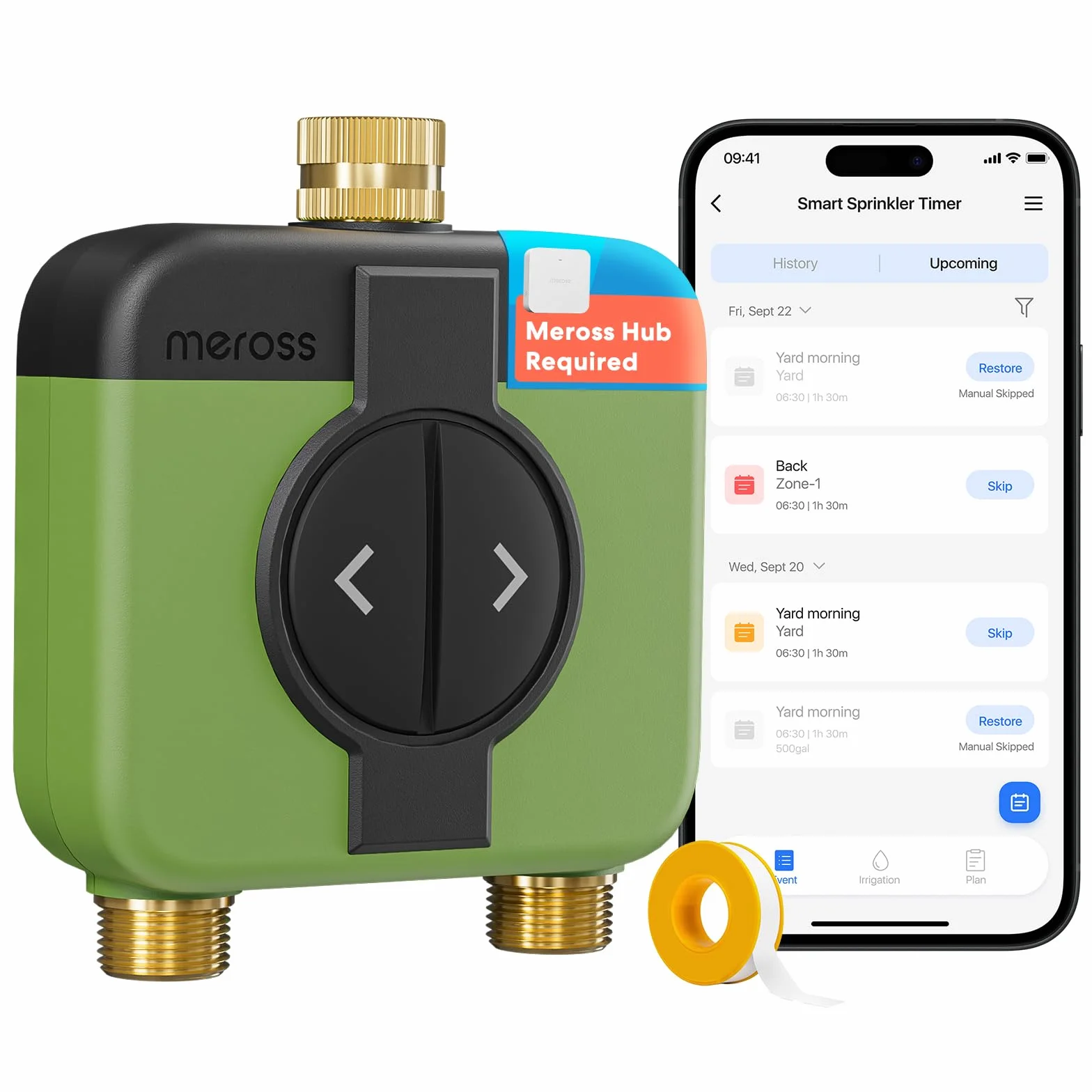 Meross Programator nawadniania WiFi 2 wyjścia MST200 | Wymagane piasty MSH450/MSH400 | Automatyczne nawadnianie i opóźnienie deszczu | Licznik wody i zewnętrzny pilot zdalnego sterowania |