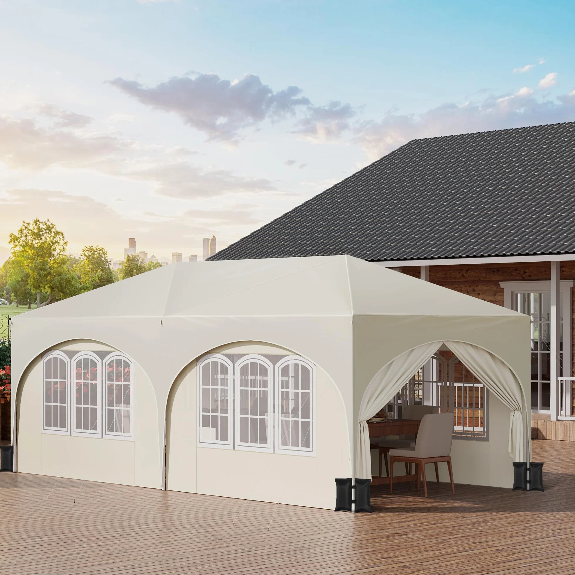WOLTU Pergola 3 x 6 m, składany pawilon, 6 ścian bocznych, regulowana wysokość, wodoodporny, UV, beżowy