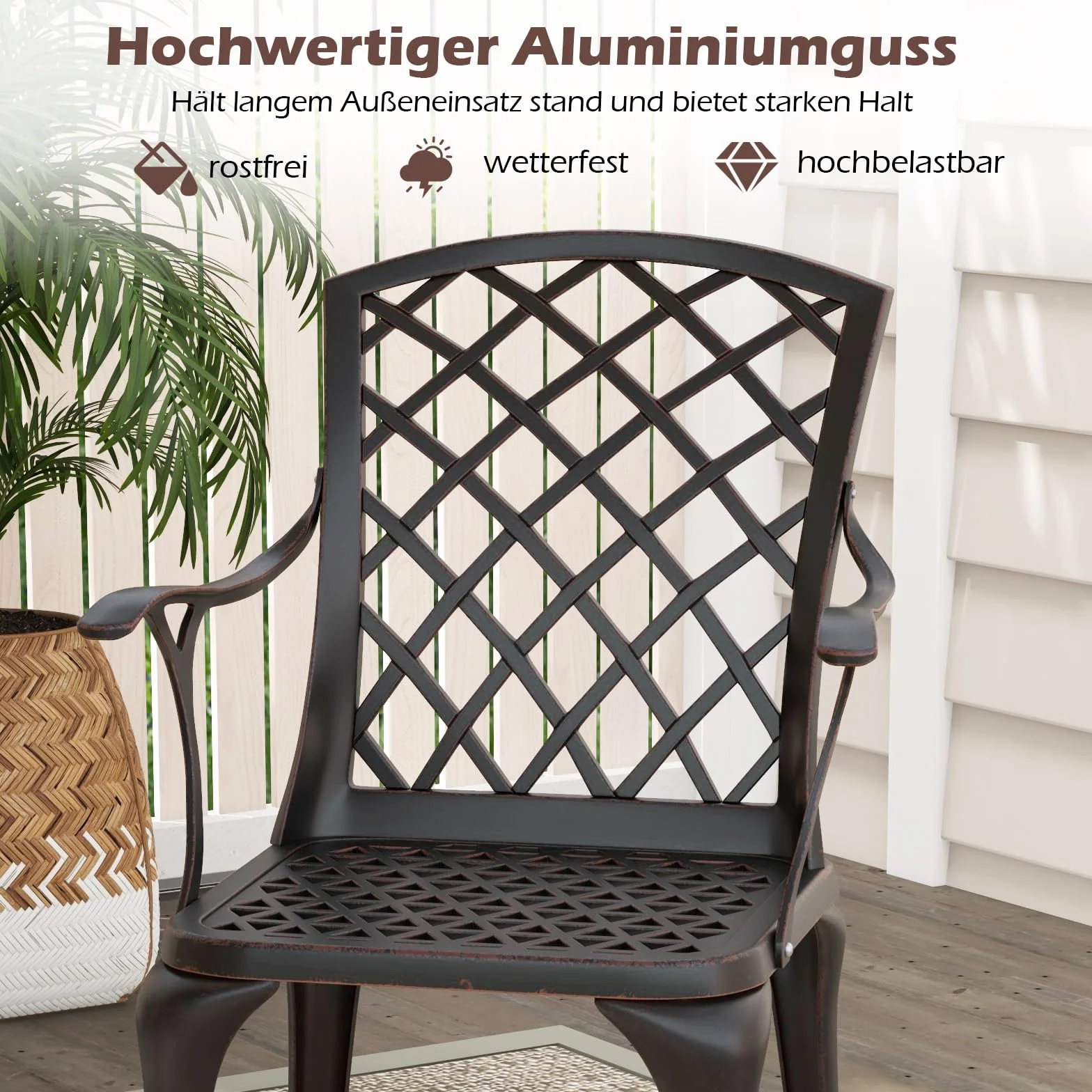 COSTWAY Zestaw 2 krzeseł ogrodowych z odlewu aluminium, odporne na warunki atmosferyczne, tarasowe z podłokietnikami, krzesła balkonowe do ogrodu, na balkon, podwórko (miedziano-czerwony)