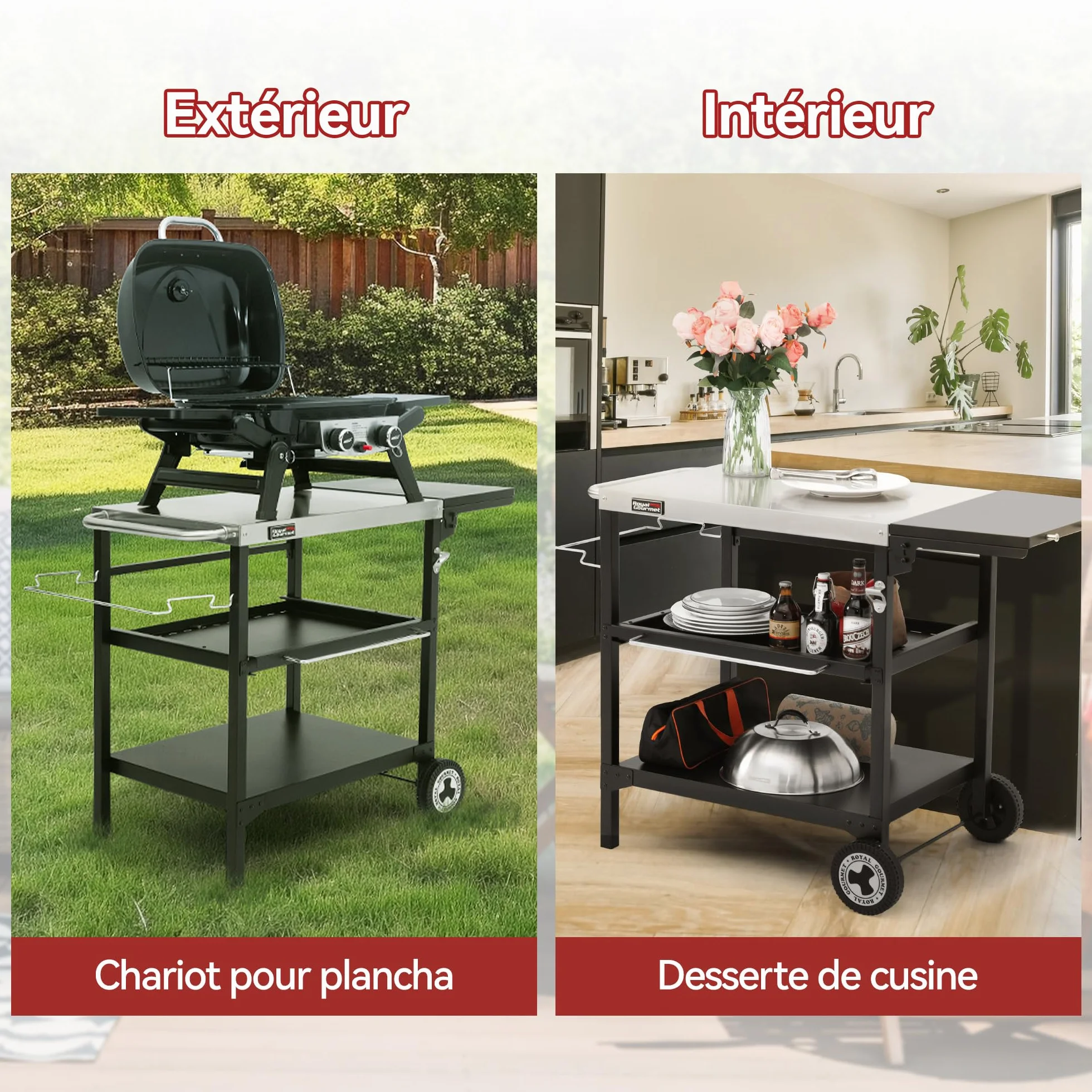 Royal Gourmet Deser zewnętrzny na planchę, 3 półki, wózek grillowy z blatem ze stali nierdzewnej 70 x 50 cm i składanym stołem bocznym o wymiarach 30 x 50 cm, odpowiedni do kuchni i ogrodu