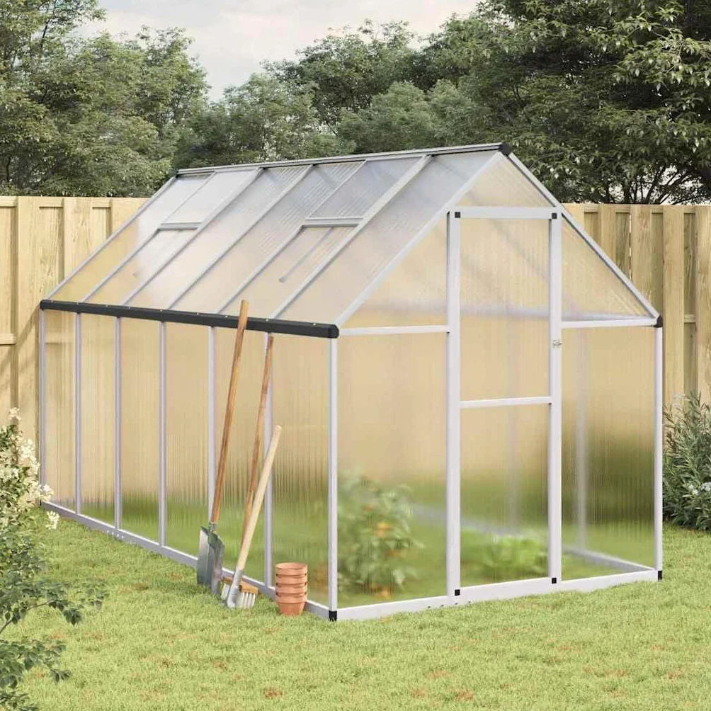 Aluminiowa szklarnia 334x169x195 cm srebrna | Odporna na warunki atmosferyczne rama, płyta poliwęglanowa, 5-kątne okno wentylacyjne, drzwi skrzydłowe