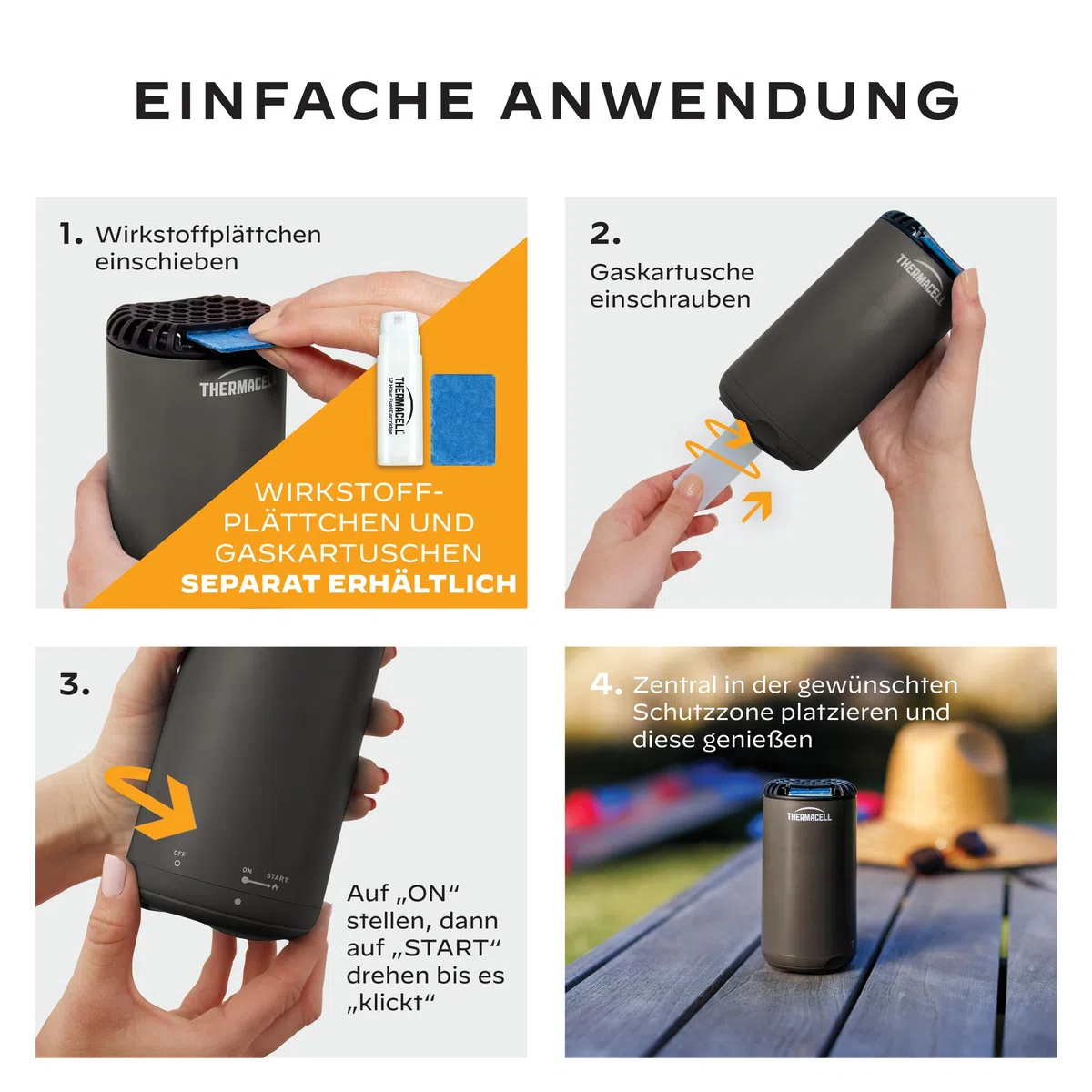 Thermacell Protect urządzenie podstawowe bez płytek z substancji czynnych, innowacyjna ochrona przed komarami, nowoczesne wzornictwo, do ogrodu, na taras, kemping, grafitowy